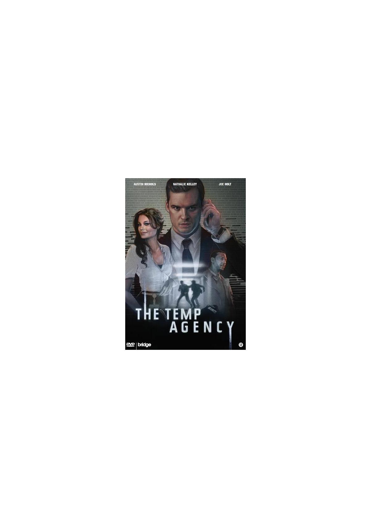 Affiche du film "The Temp Agency" avec trois personnes devant un fond bleu.