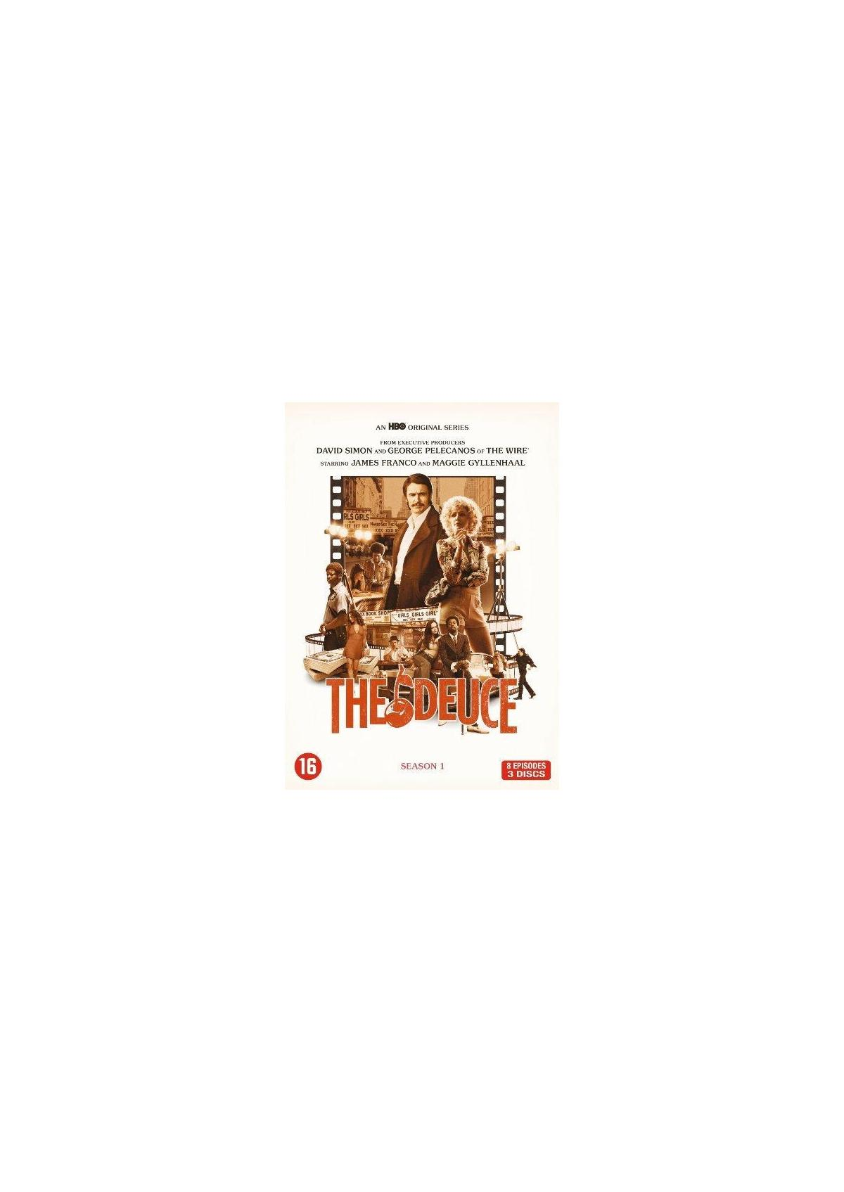 Poster voor 'The Deuce' tv-serie, met acteurs en de titel van de show.