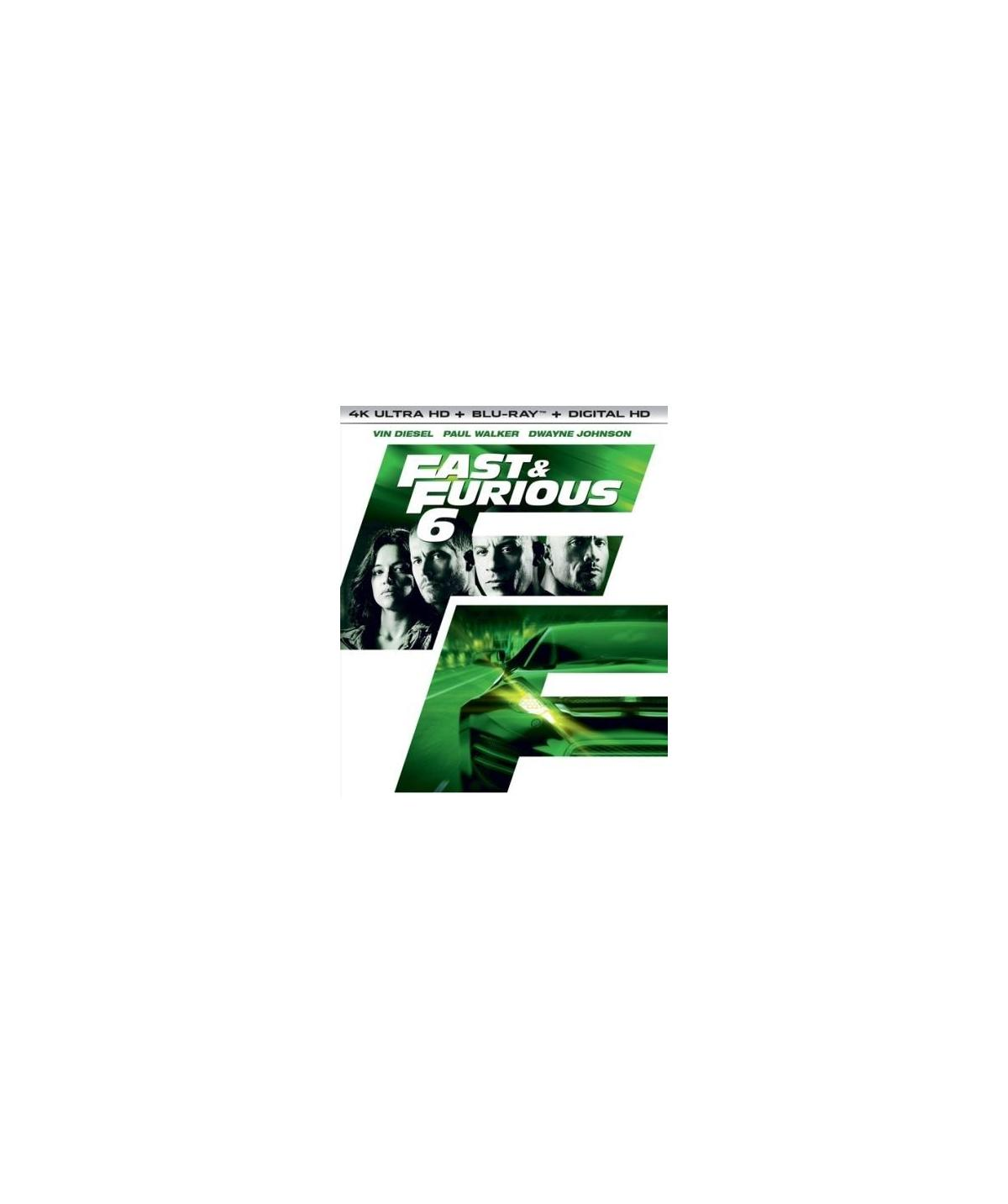 Couverture de Fast & Furious 6 Blu-ray. Avec des acteurs et une voiture.