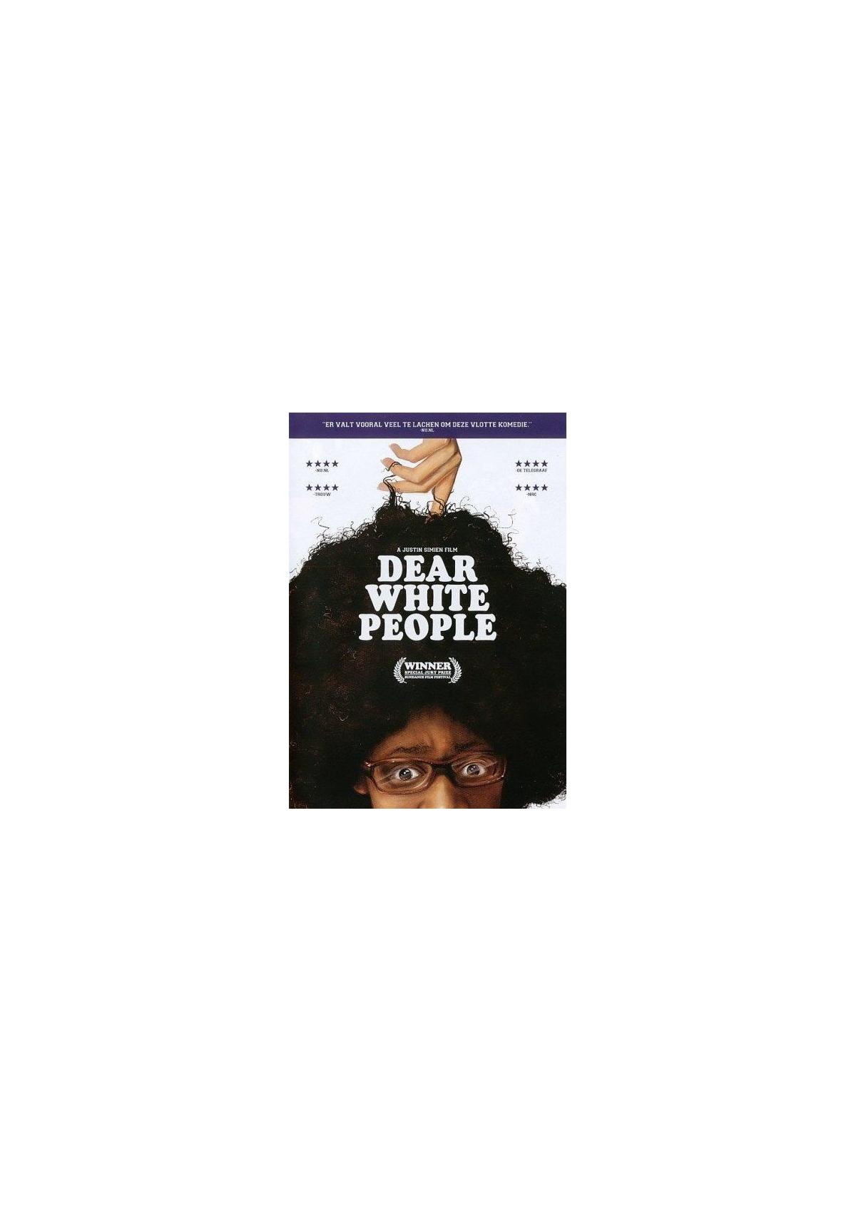 Jaquette DVD avec afro noir et lunettes, et le titre du film "Dear White People".