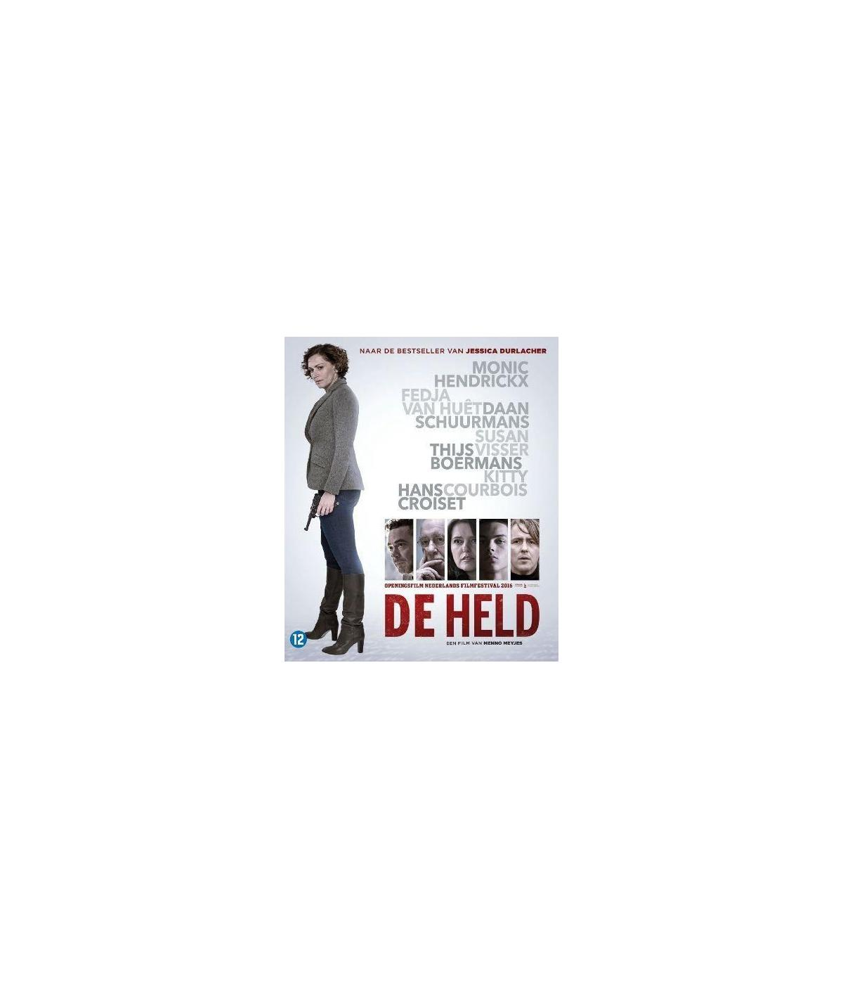 Filmposter: 'De Held' met een vrouw met een pistool en verschillende gezichten op een witte achtergrond.
