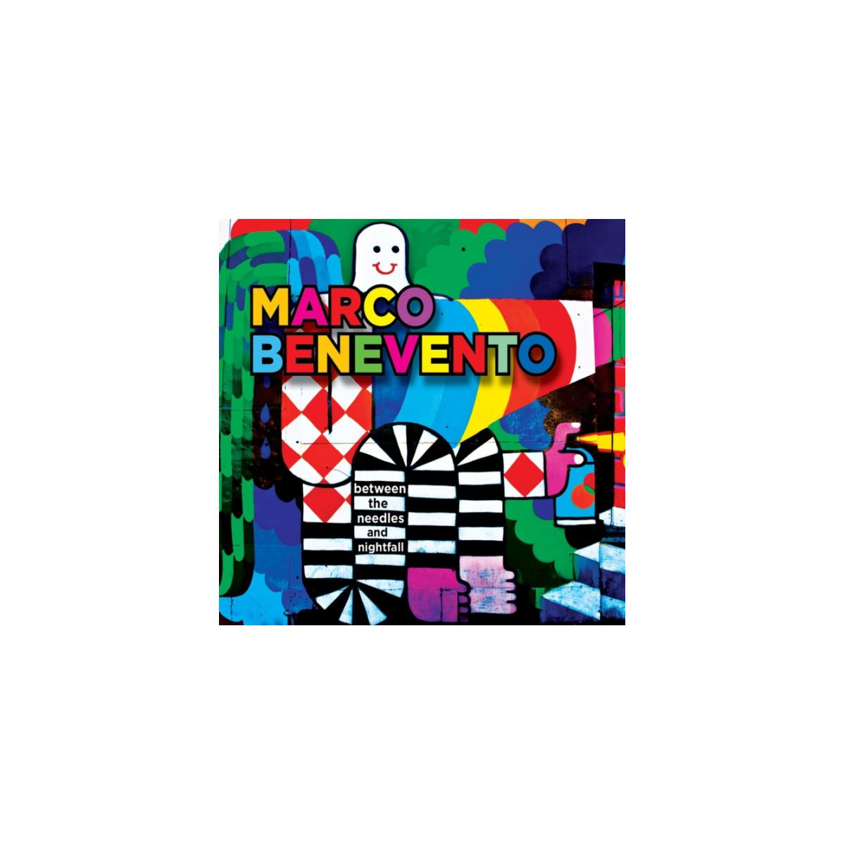 Couverture de l'album : Design coloré, 'Marco Benevento' en grandes lettres, texte 'between the needles'.