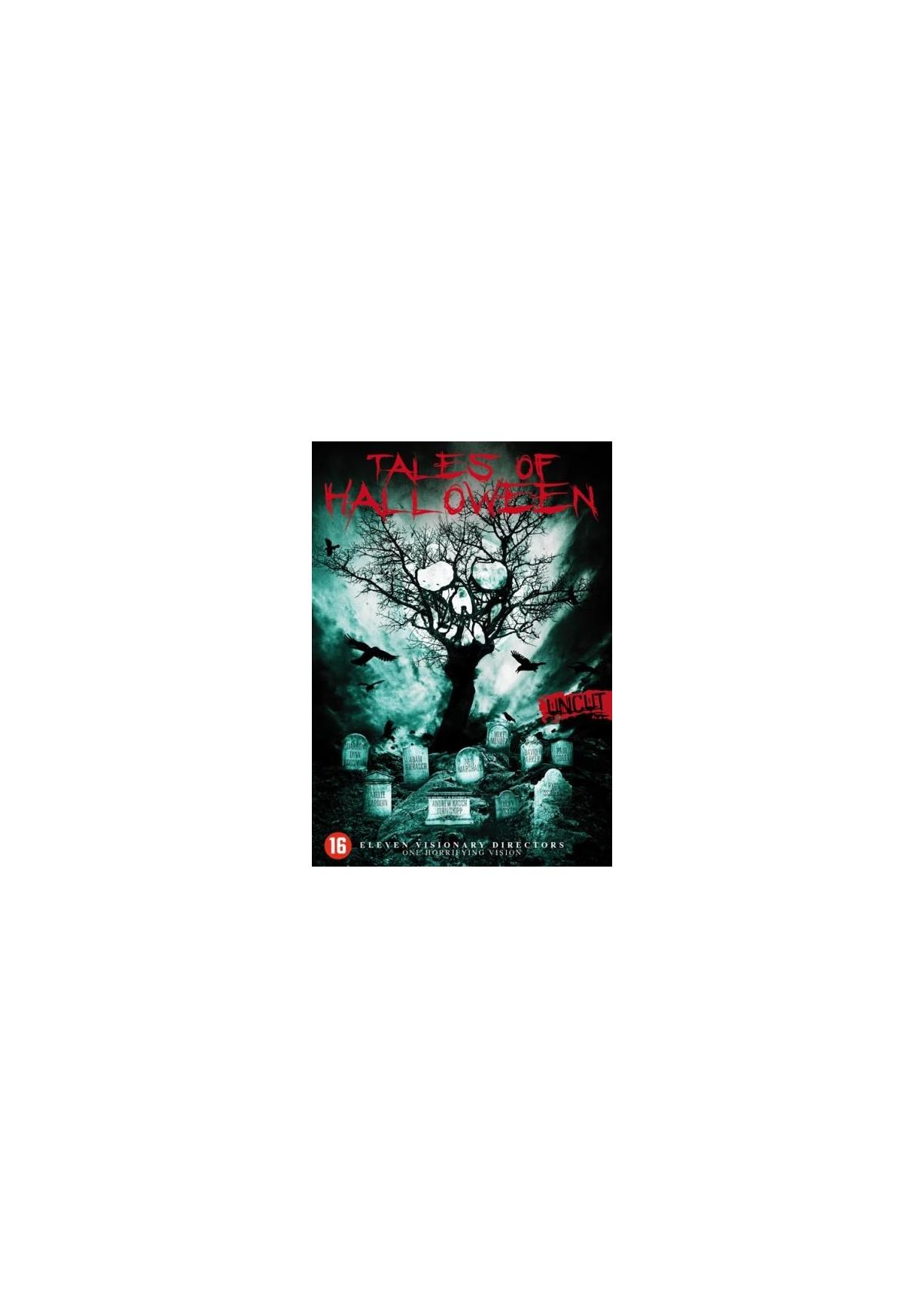 Affiche de film : Un arbre effrayant dans un cimetière, intitulé "Tales of Halloween". Avec des corbeaux.