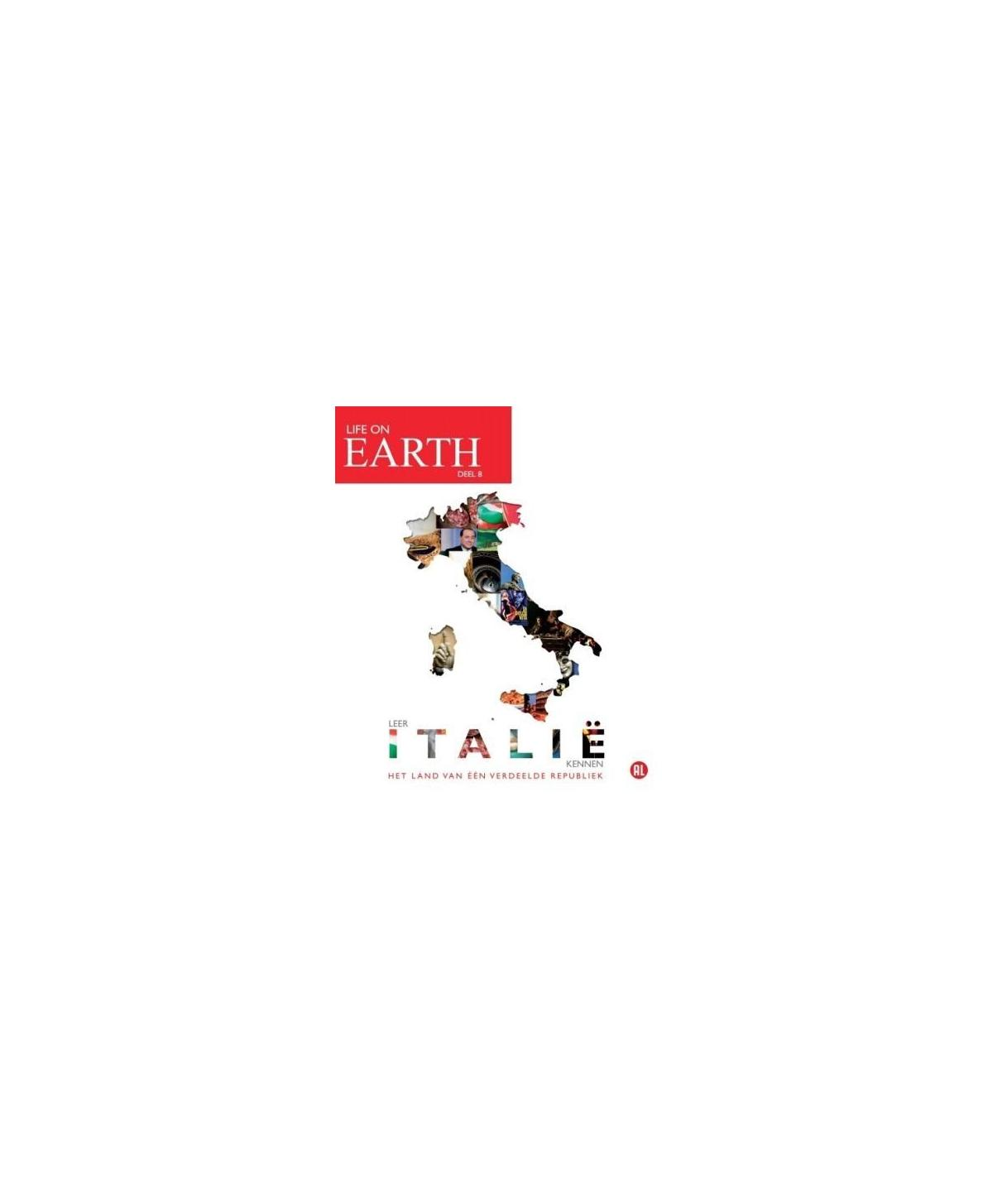 Couverture du livre : La vie sur Terre. Carte de l'Italie avec des images. Le titre est écrit en italien.