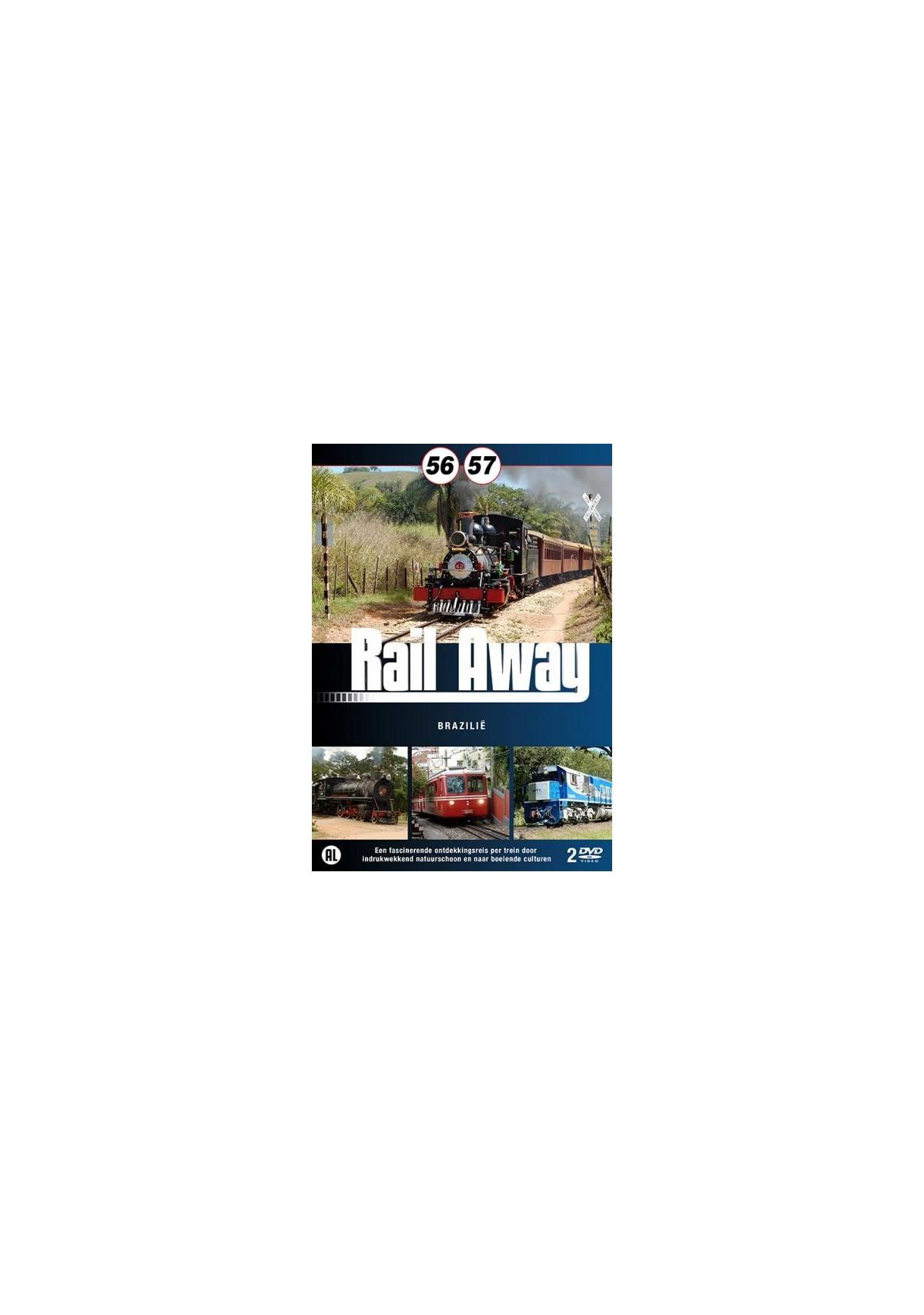Rail Away Brazilië-omslag. Een stoomtrein op een spoor, met afbeeldingen van andere treinen.