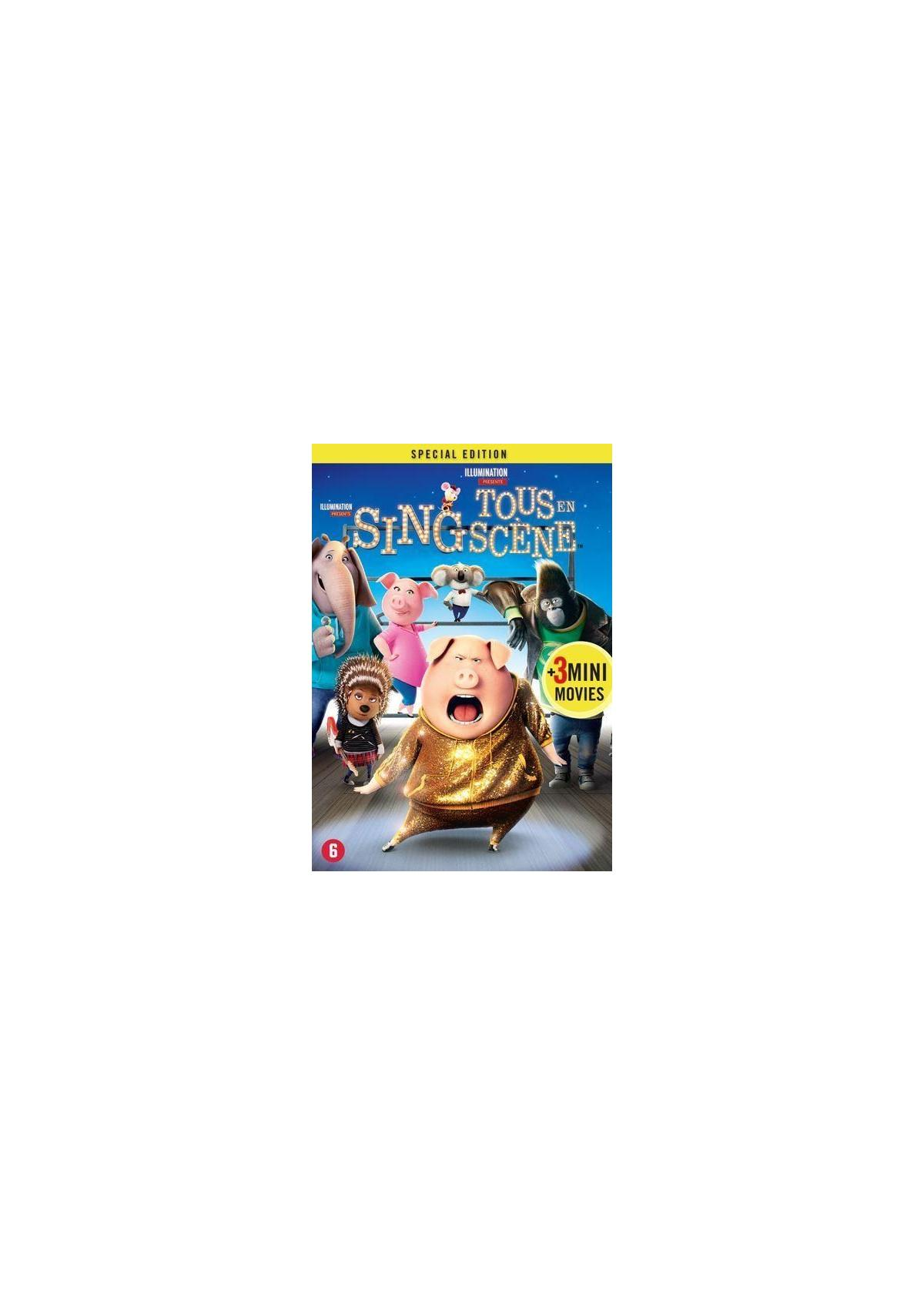 Filmposter voor "Sing", met personages als een varken, olifant, gorilla en een beer, met tekst.