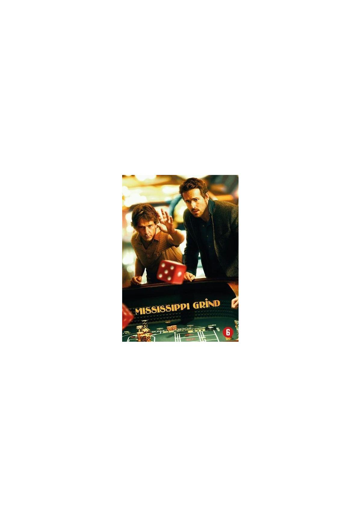 DVD-cover van een film met twee mannen aan een casinotafel, titel "Mississippi Grind".