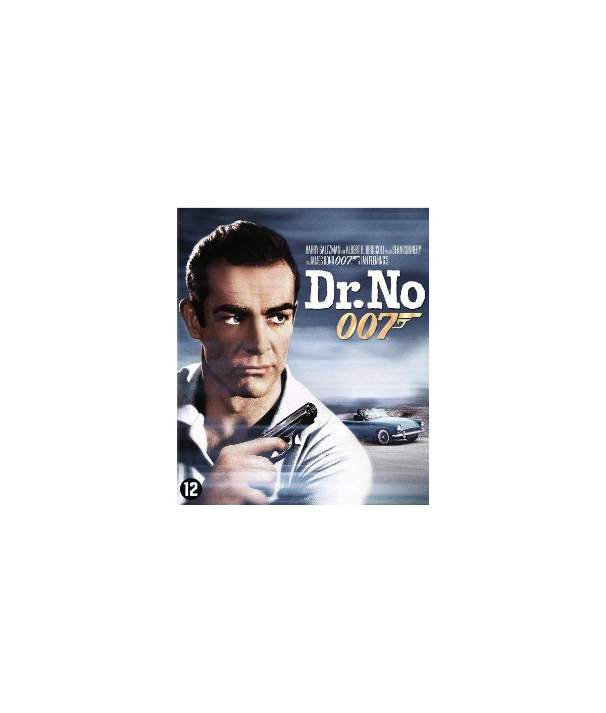 Affiche du film "Dr. No", avec Sean Connery tenant une arme, avec une voiture et du texte.