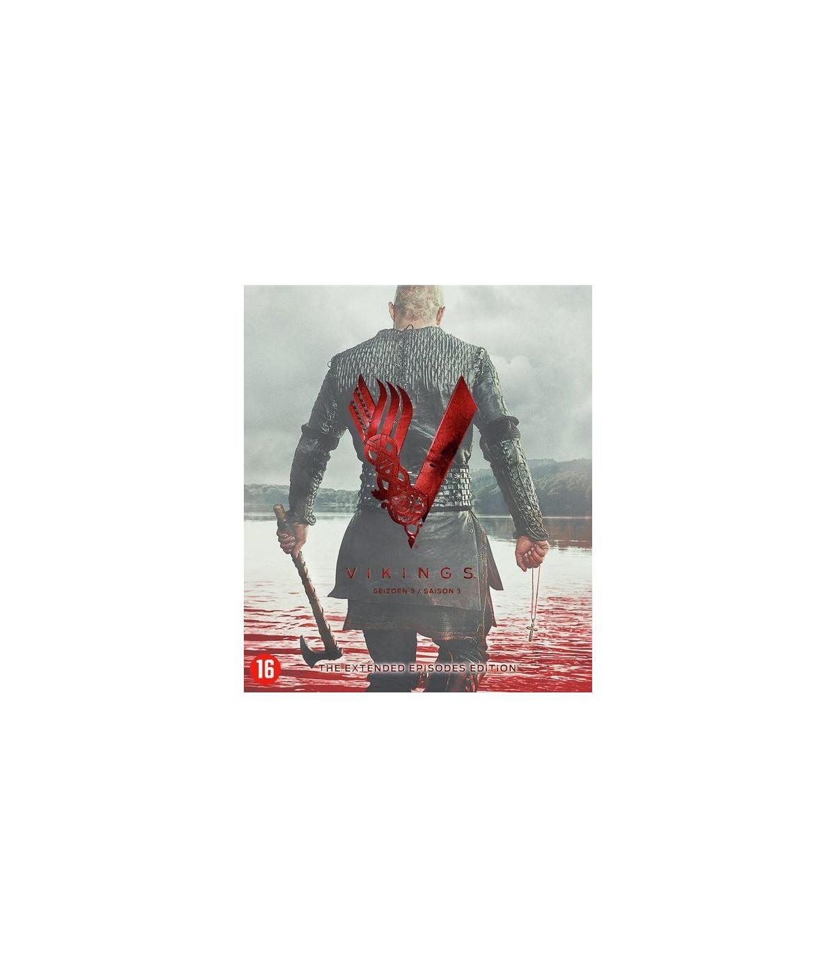 Poster: Man in harnas, met een bijl, staand in het water, titel 'Vikings'.