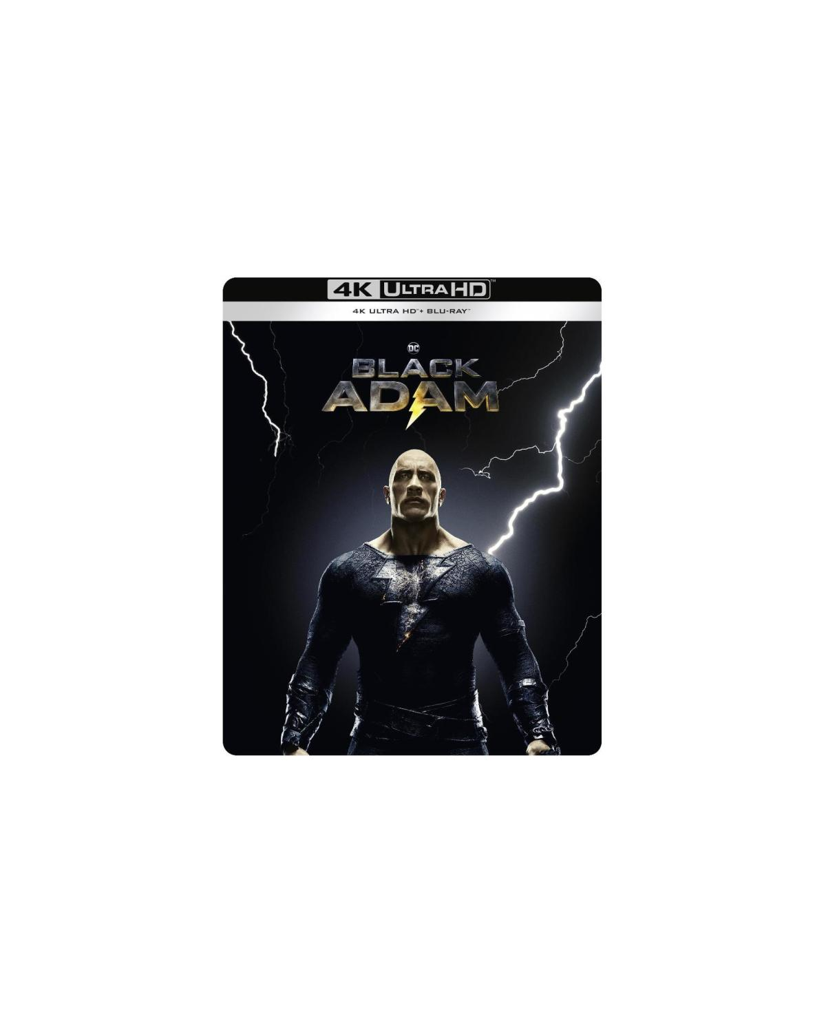 Filmposter: Black Adam. Dwayne Johnson in zwart pak, bliksem. 4K Ultra HD.