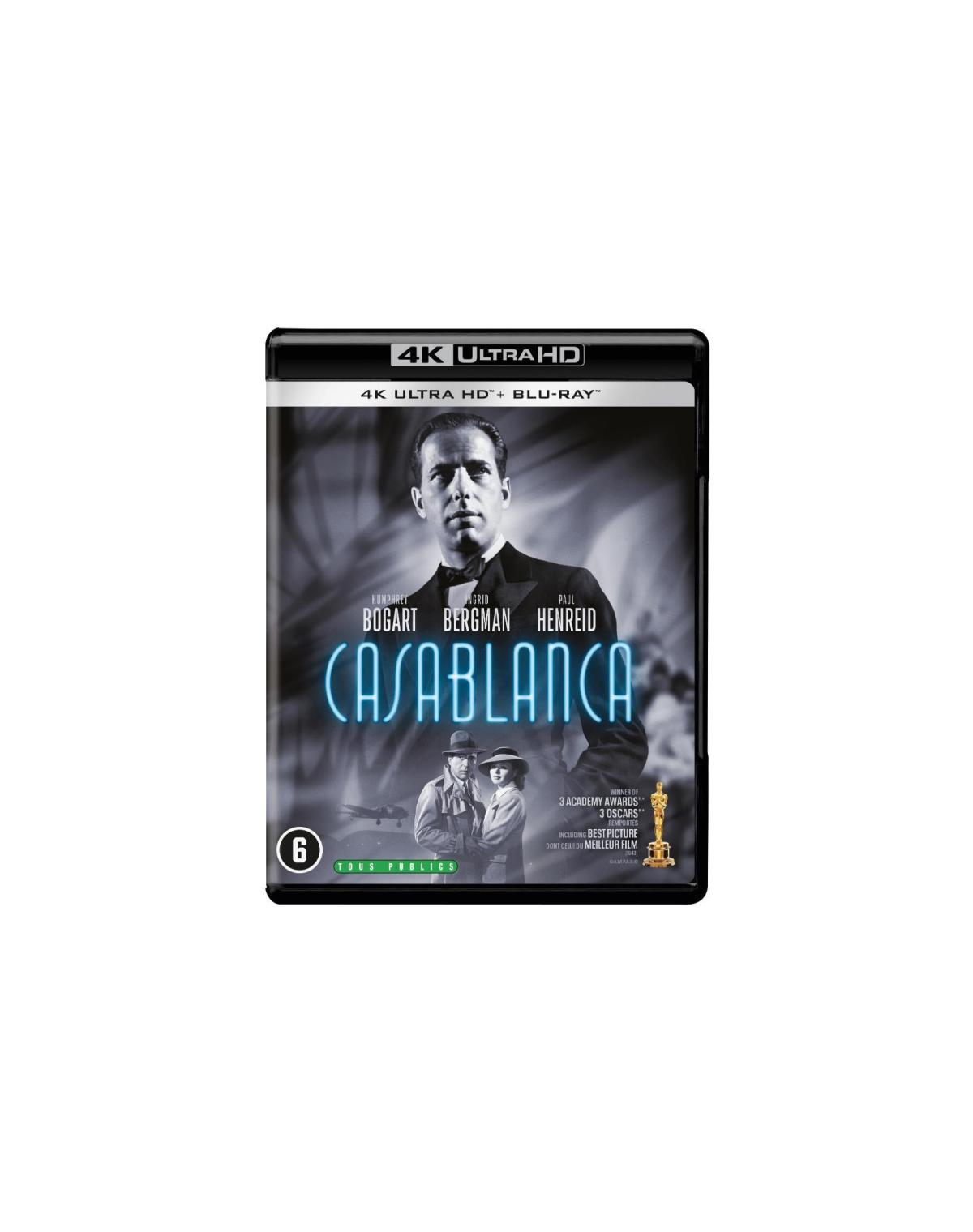 Couverture du DVD de Casablanca. Image en noir et blanc. Homme en costume, femme en robe, texte néon.