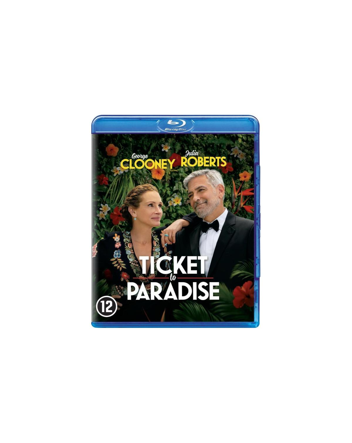 DVD-cover van 'Ticket to Paradise', George Clooney en Julia Roberts.