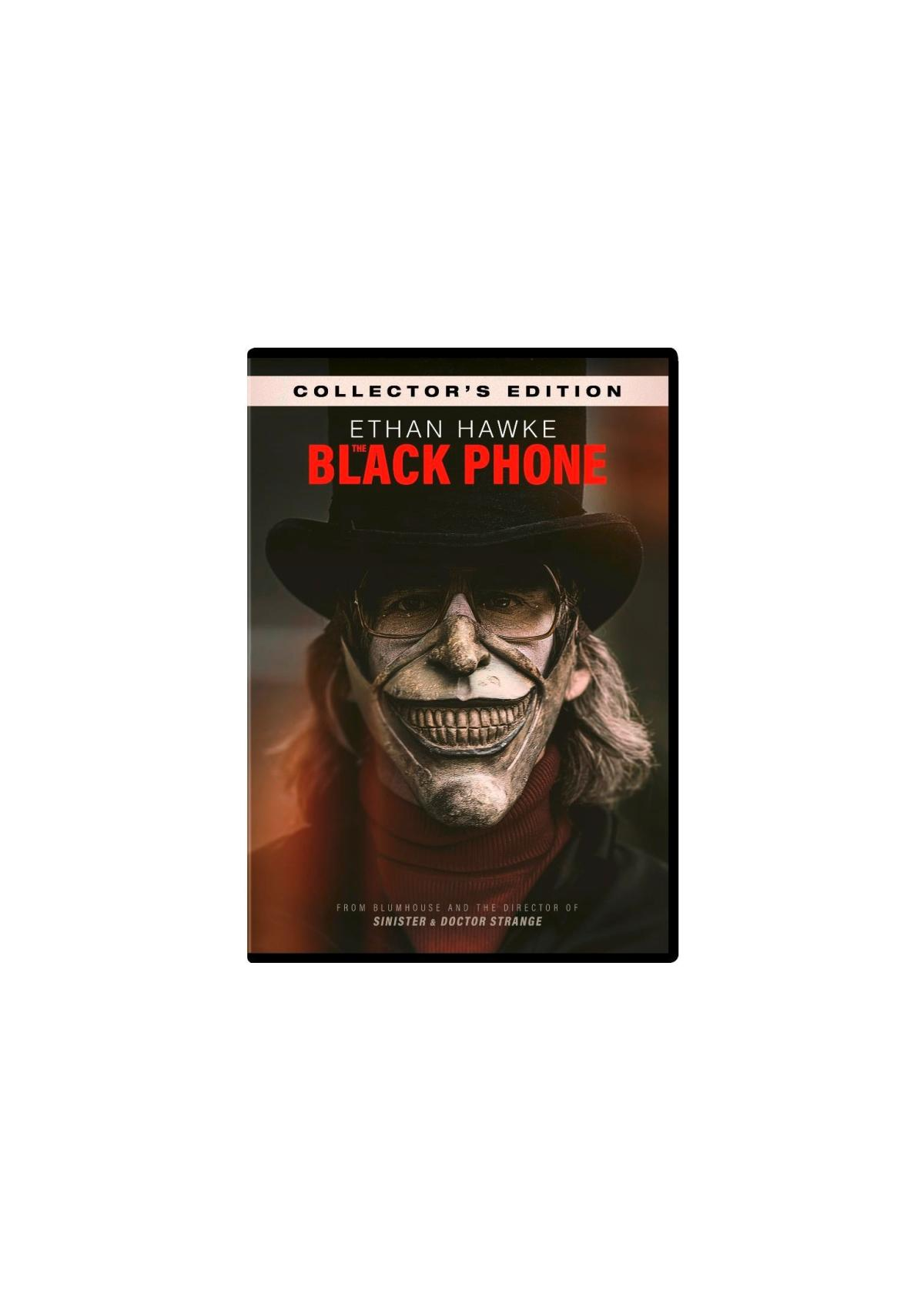The Black Phone filmcover. Ethan Hawke in een masker met een glimlach.