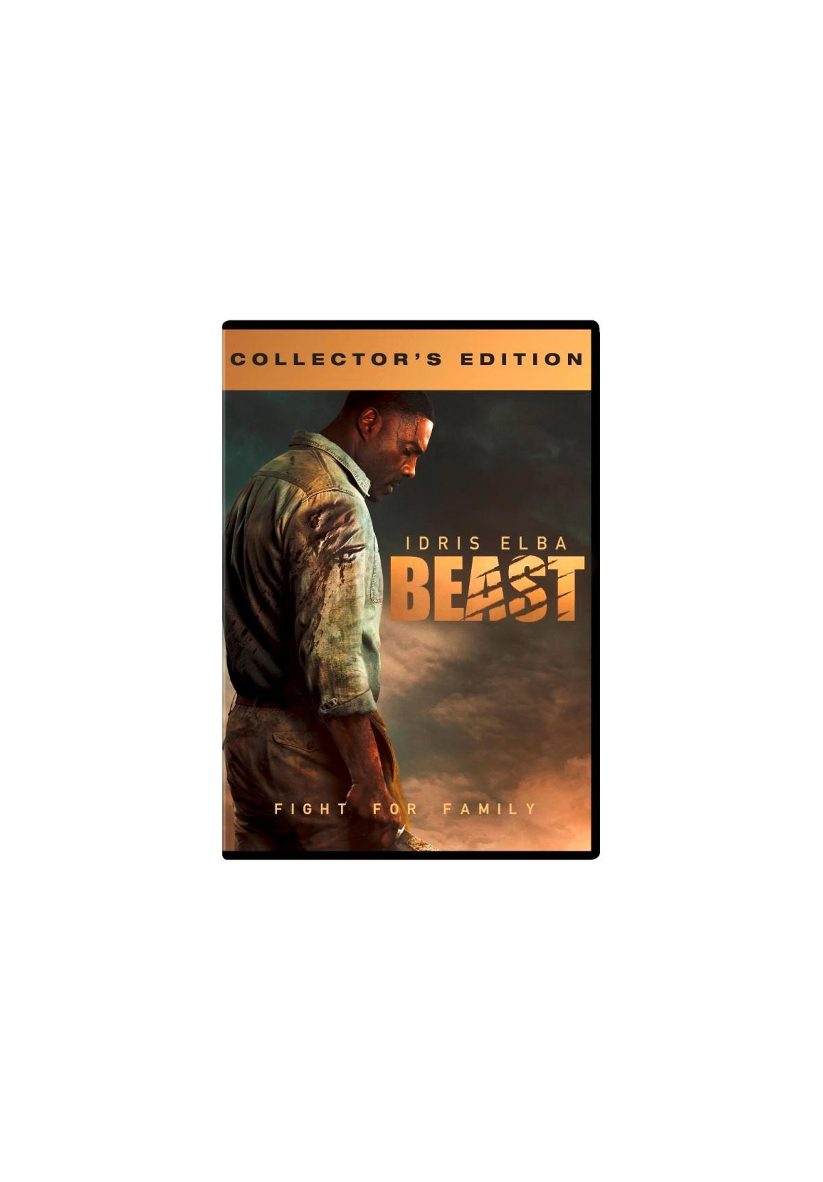Affiche de film : Idris Elba, titre : Beast. Homme regardant en arrière, scène de forêt.