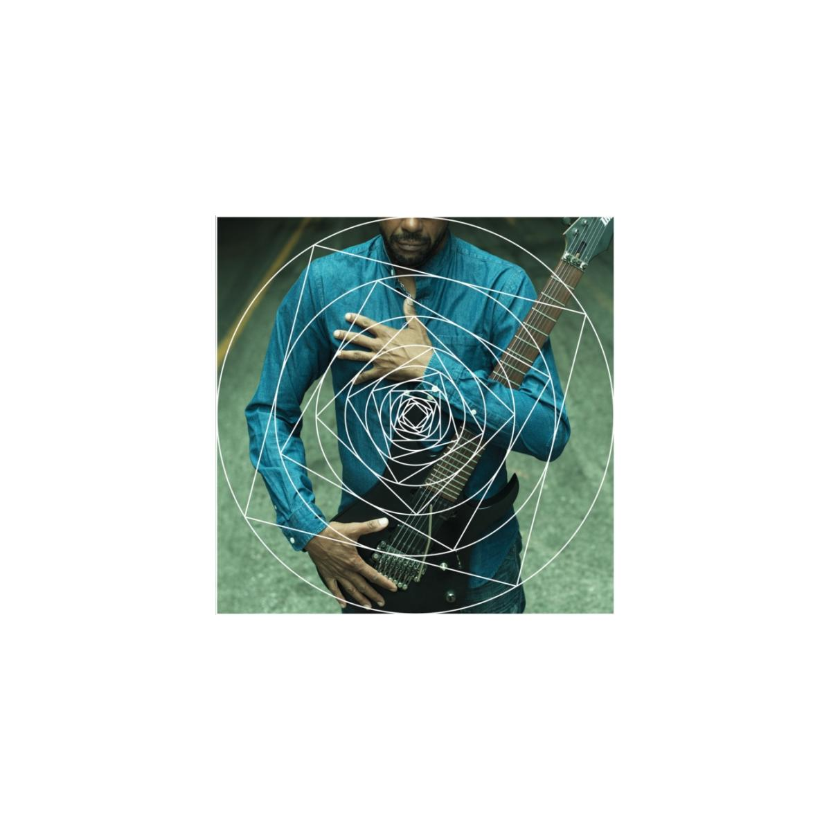 Pochette d'album : Homme tenant une guitare, design géométrique, titre non visible.