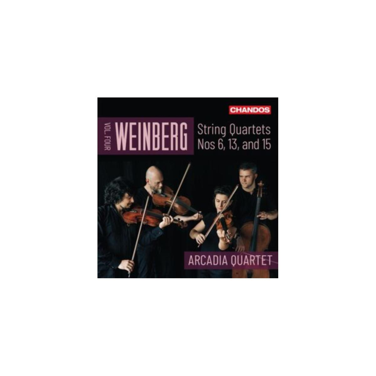 Copertina dell'album: Quartetti d'archi di Weinberg. Quattro musicisti suonano strumenti. Sfondo scuro.