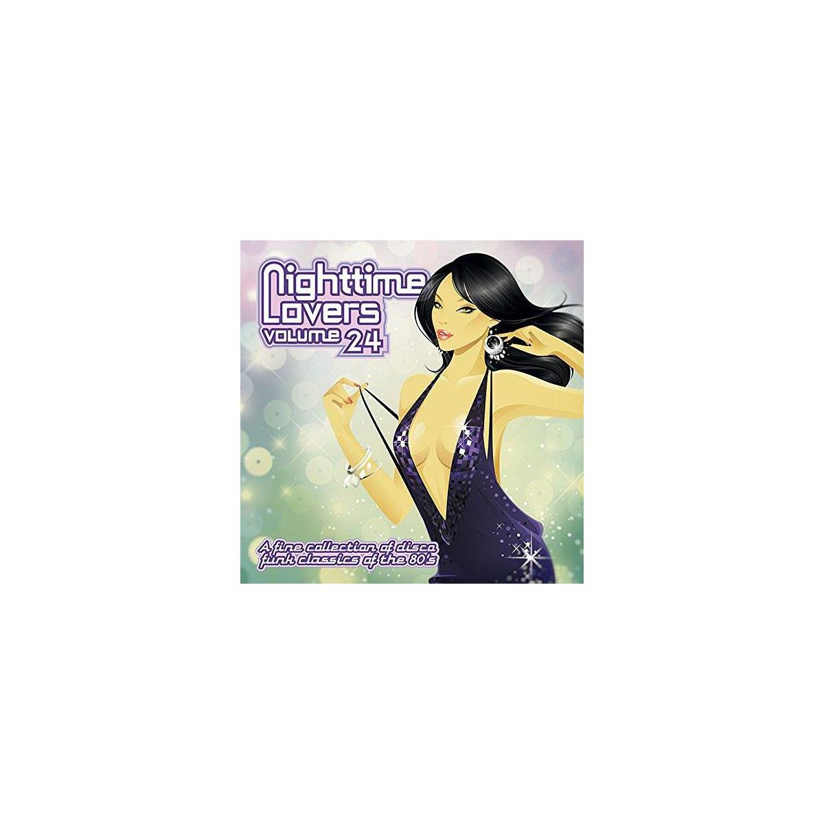 Pochette de l'album Nighttime Lovers Volume 24. Femme en robe violette. Thème disco. Classique des années 80.