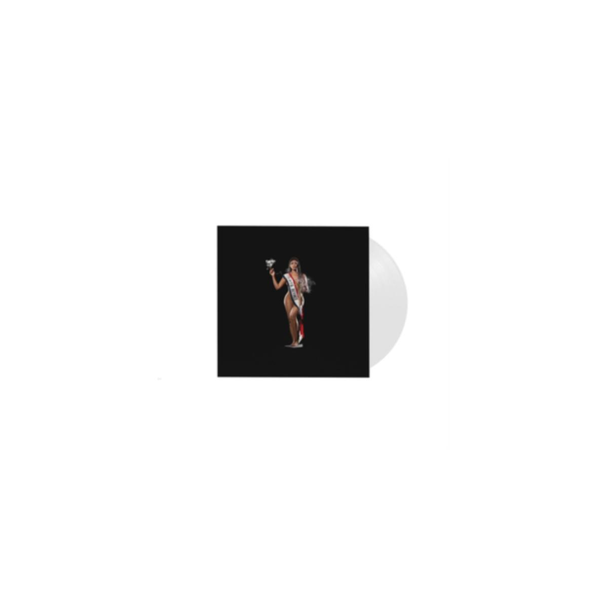 Copertina dell'album, donna con fascia e tacchi con una pistola, su sfondo nero, vinile bianco.