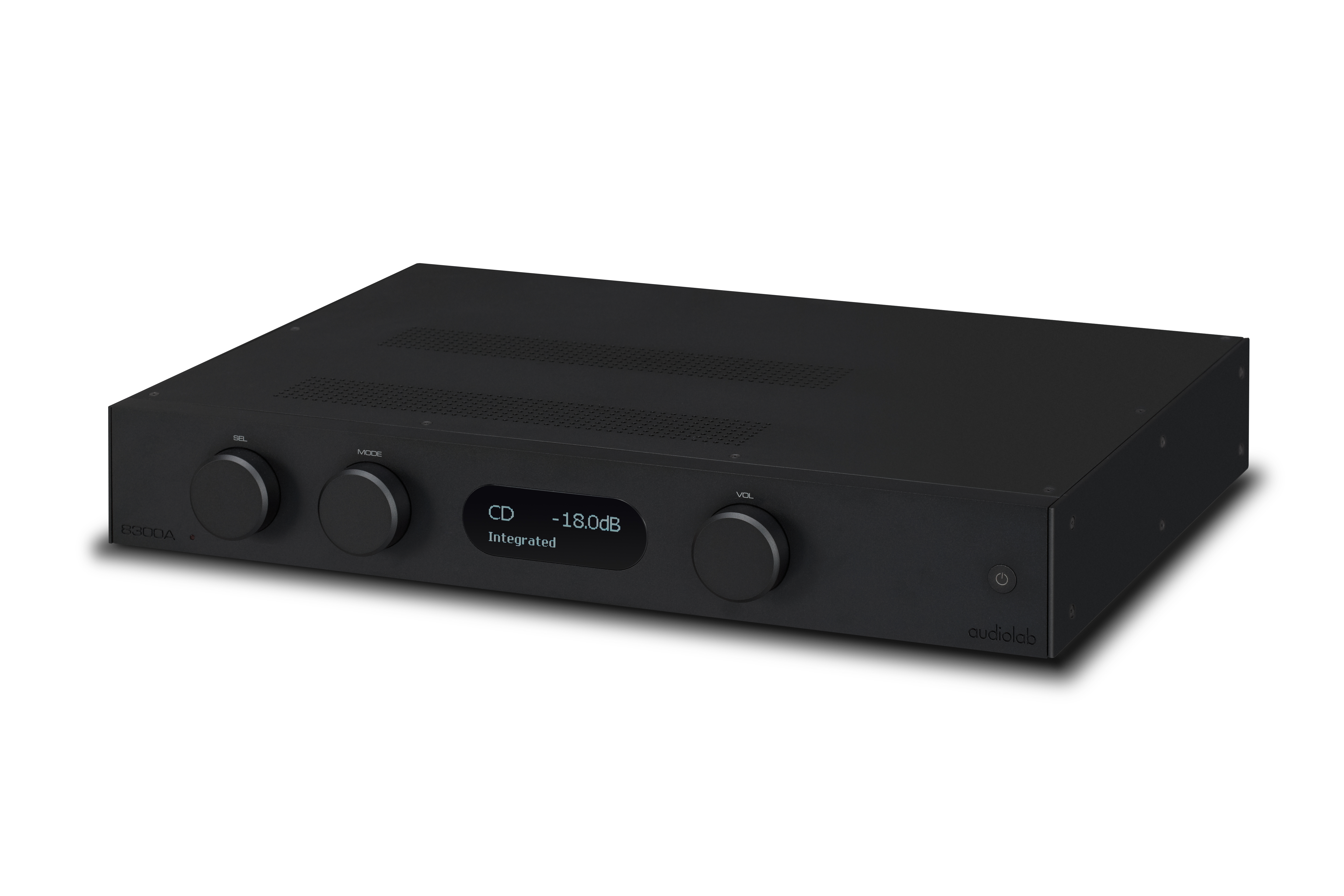 Black audio equipment with knobs and a display screen against a white background.