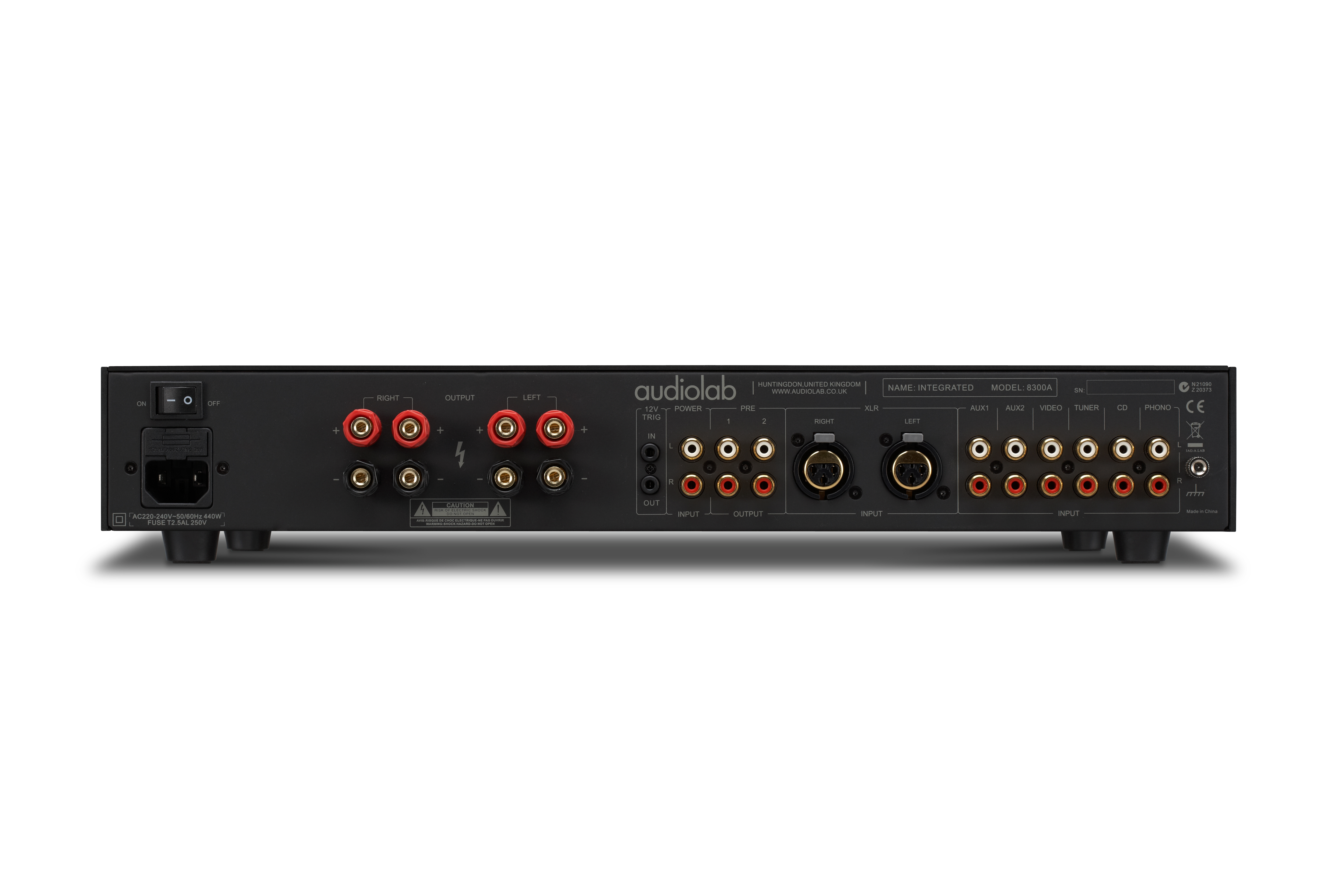 Back panel of an audiolab amplifier showing inputs, outputs, and controls.