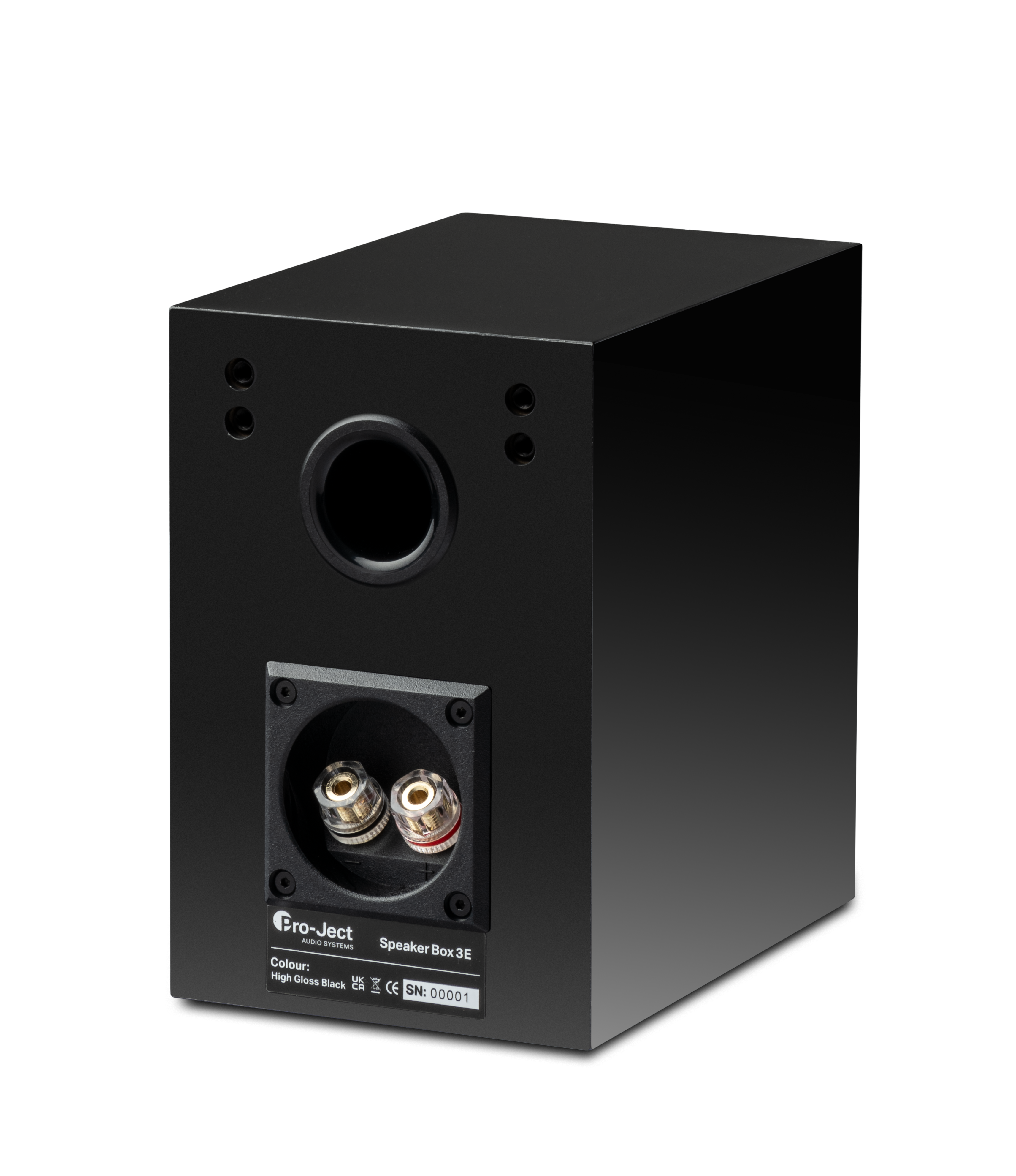 Czarny głośnik. Widok z tyłu, pokazujący złącza. Etykieta 'Speaker Box 3E' na dole.