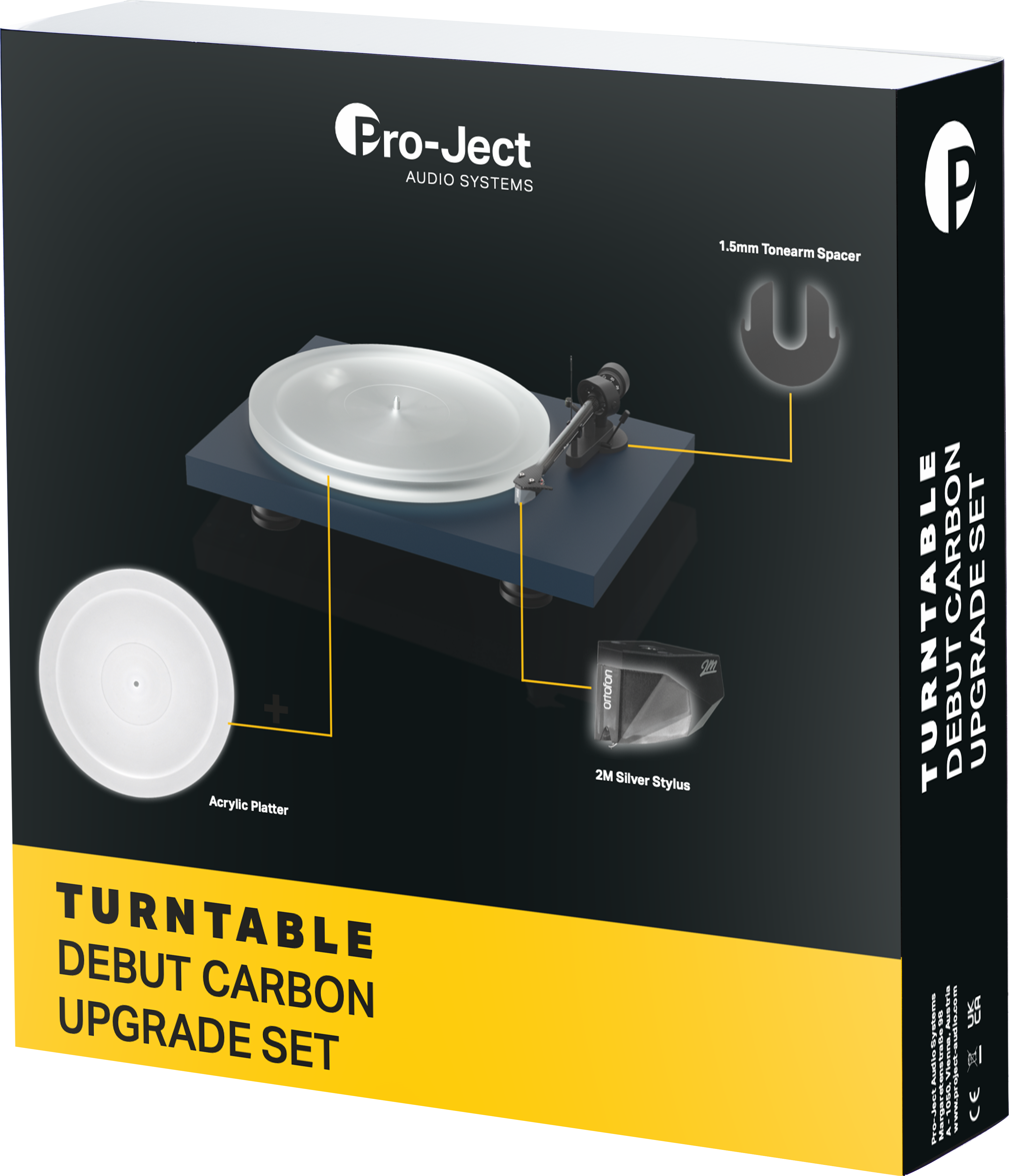 Zestaw pudełkowy dla gramofonu i akcesoriów. Tekst zawiera 'Turntable Debut Carbon Upgrade Set'.