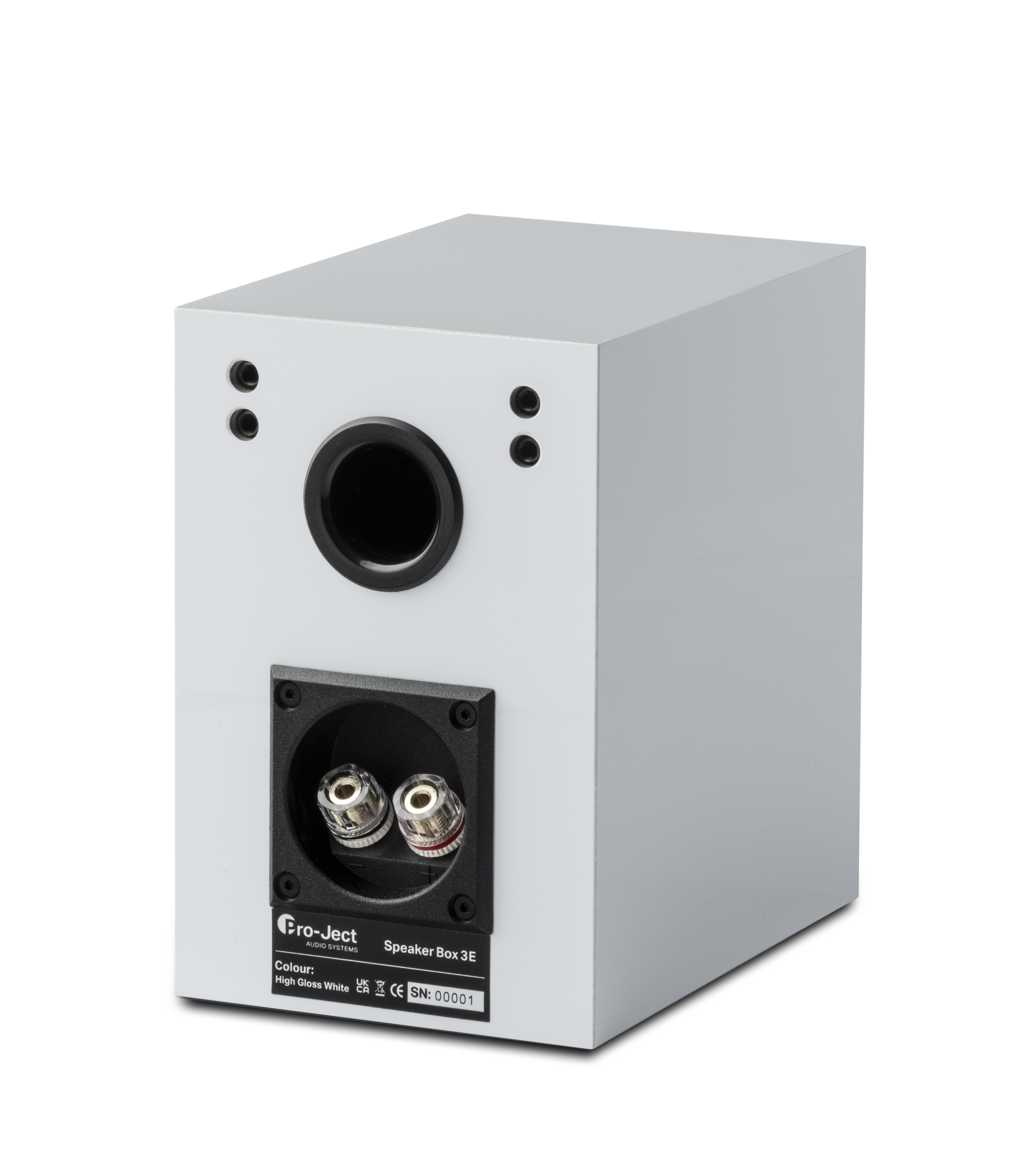 Biała obudowa głośnika z czarnymi elementami sterującymi, widok z tyłu. Logo Pro-ject na dole.