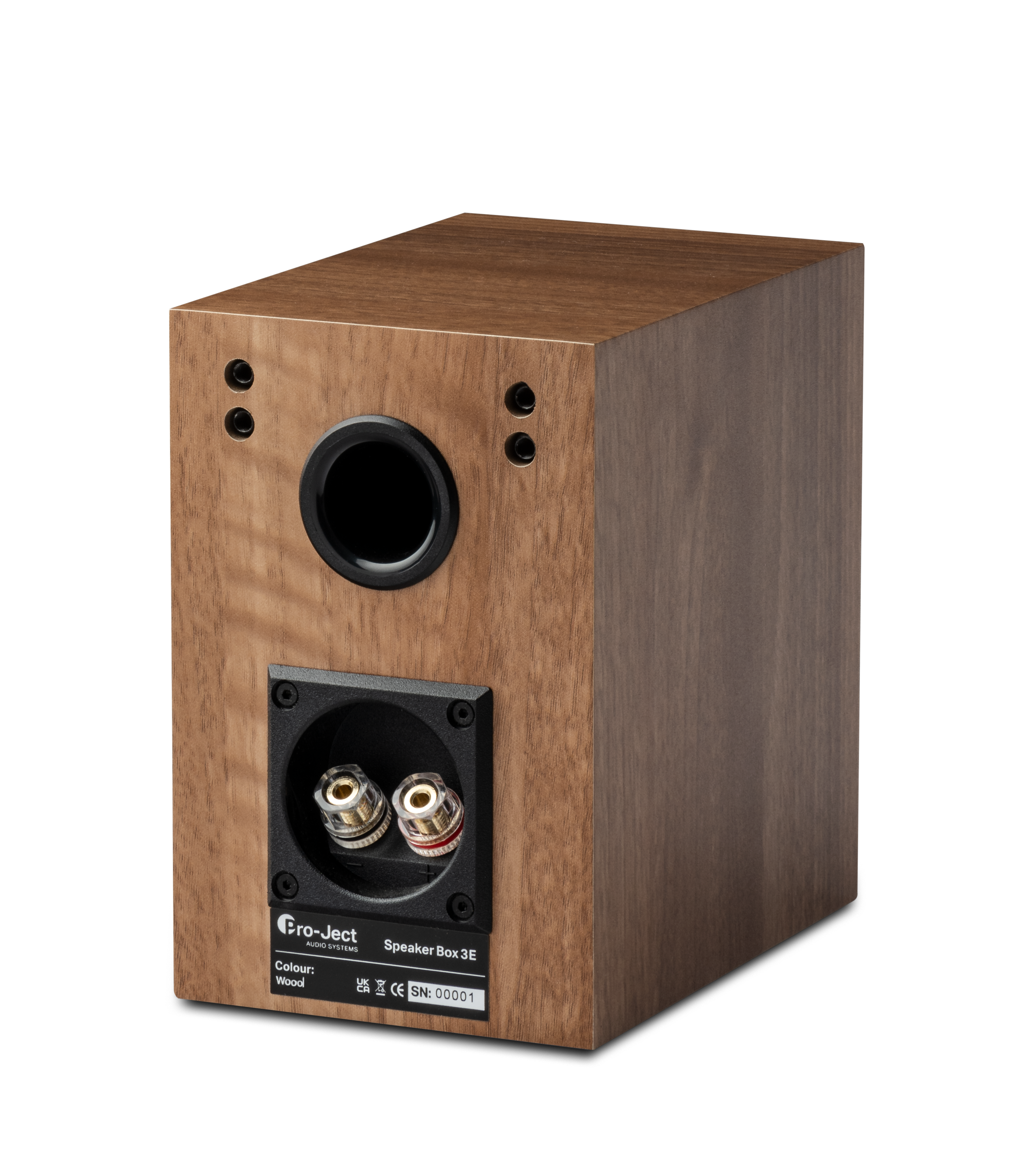 Tył głośnika: brązowe usłojenie drewna, czarny panel wejściowy, dwa czerwono-czarne zaciski, obudowa głośnika.