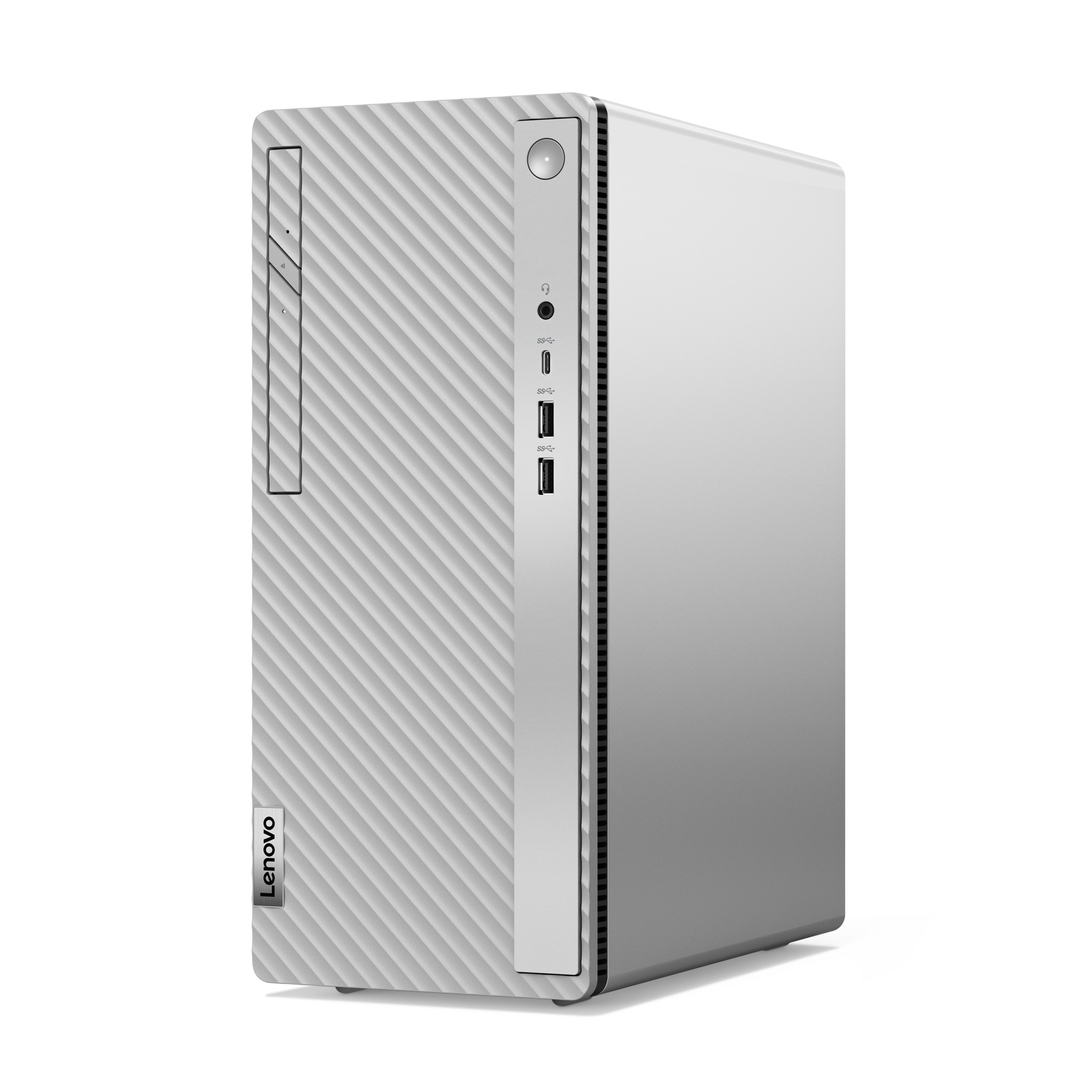Un computer desktop Lenovo argentato, la parte anteriore ha un accento argentato con porte e un pulsante.