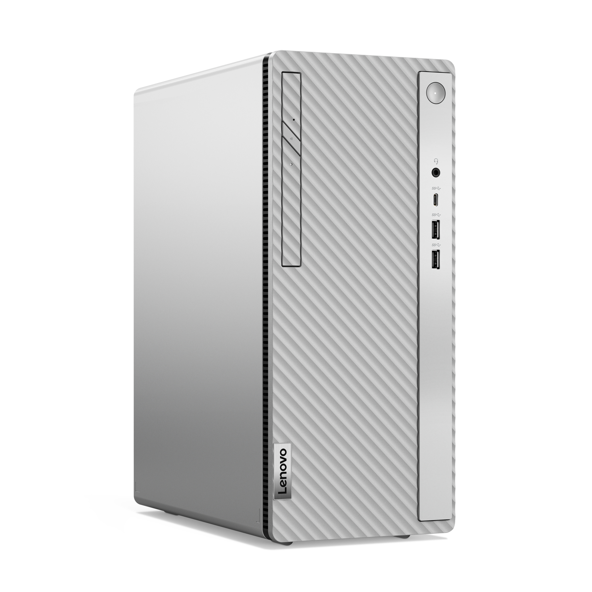 Torre del computer Lenovo argento su sfondo bianco. La torre è in posizione verticale.