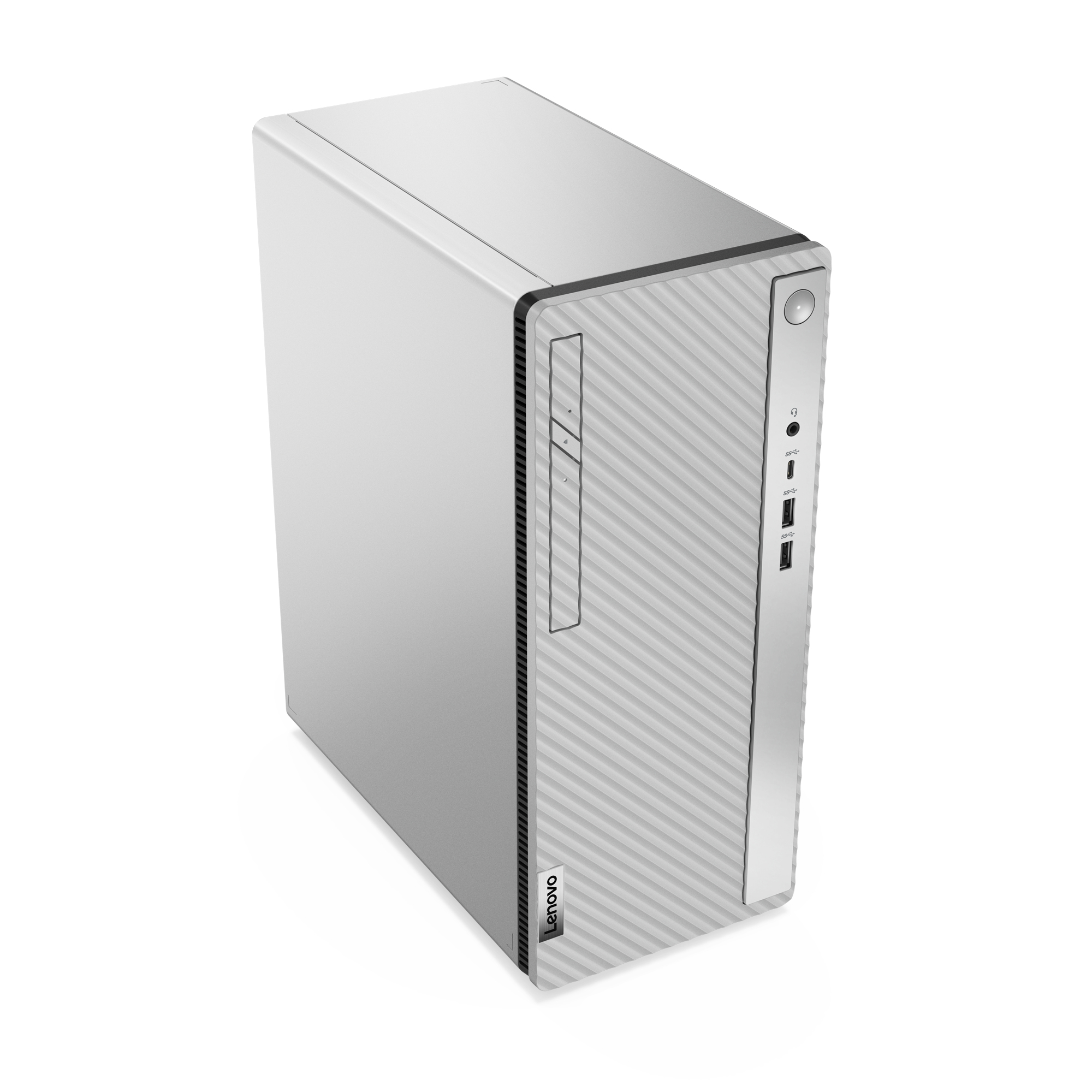 Un computer desktop Lenovo argentato, la parte anteriore ha un accento argentato con porte e un pulsante.