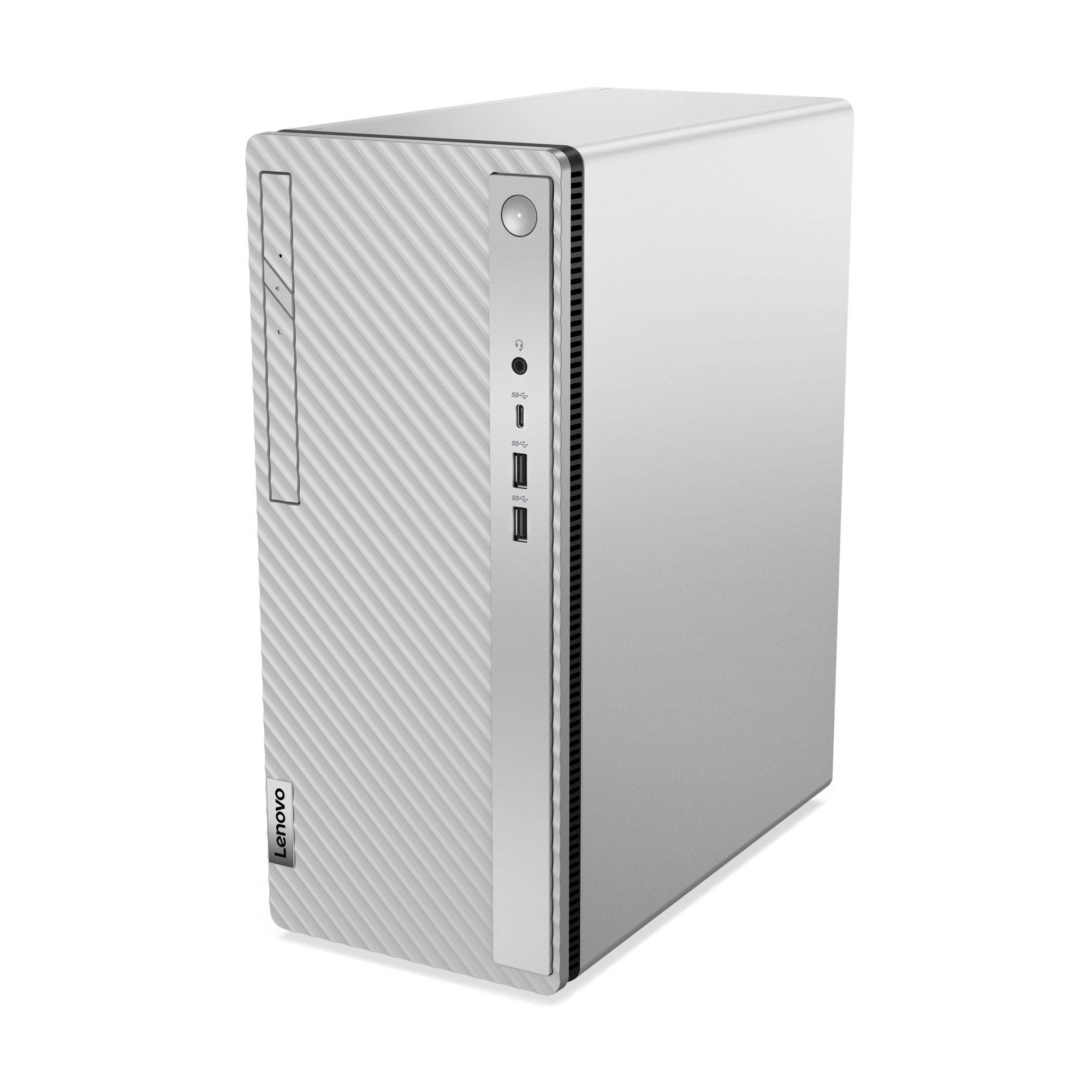 Un computer desktop Lenovo argentato, con un design verticale.