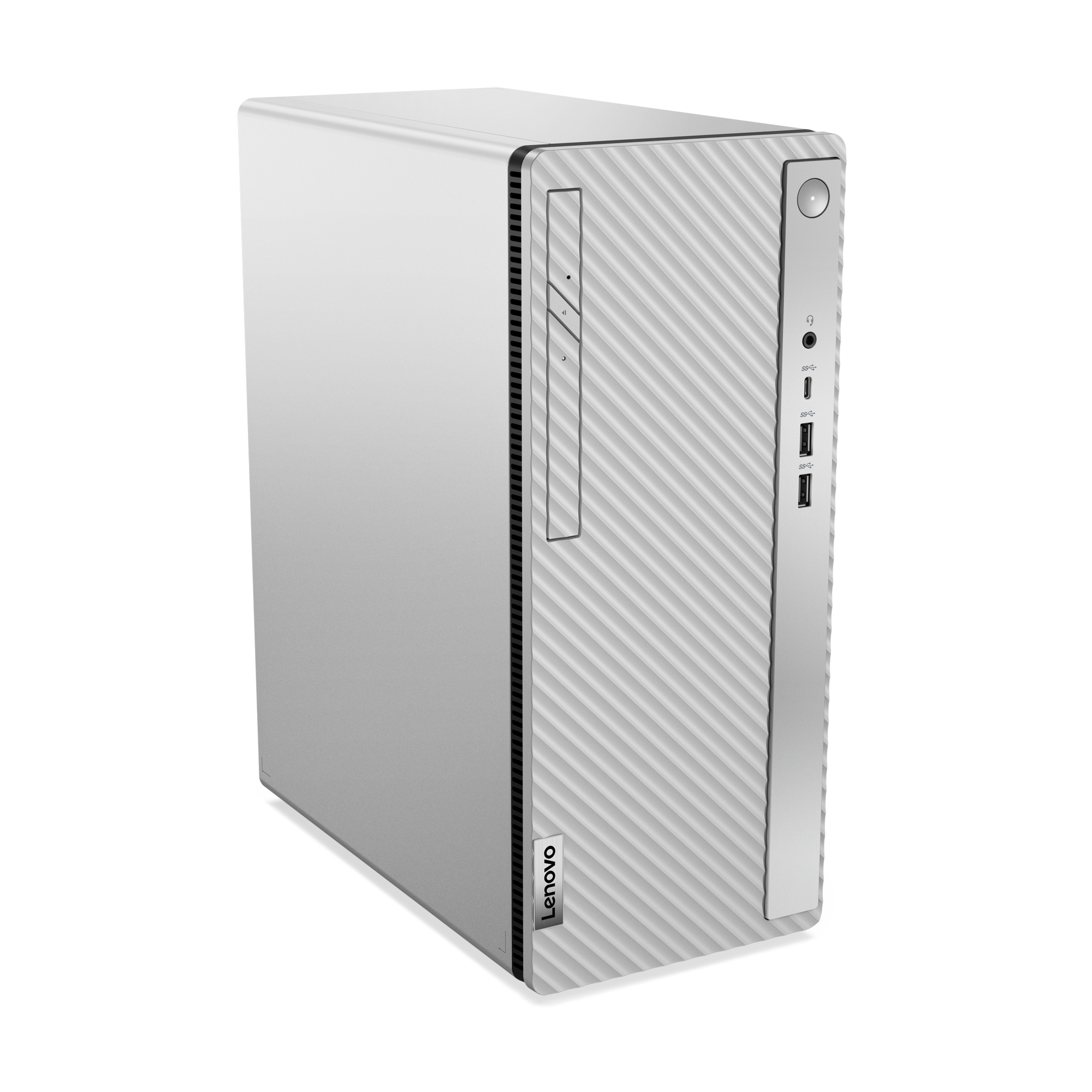 Computer desktop Lenovo argento, design verticale, con porte anteriori e logo Lenovo.