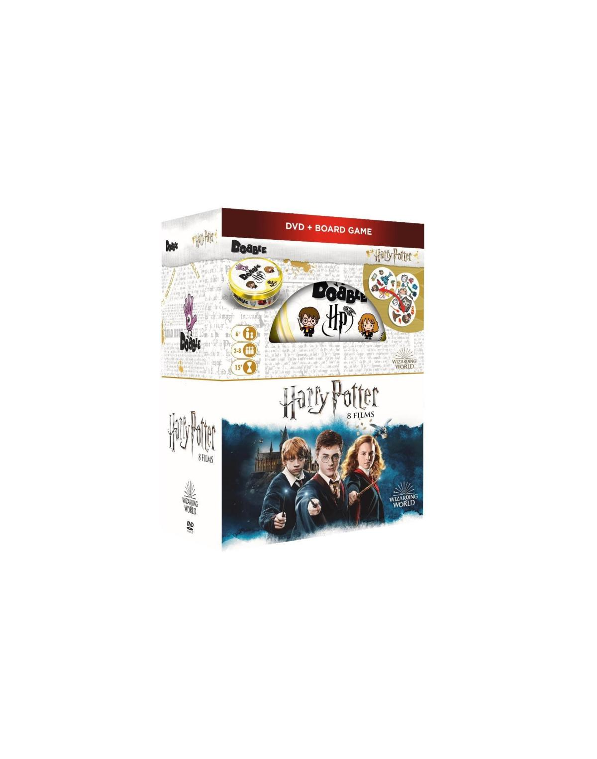 Coffret DVD et jeu de société Harry Potter. La boîte montre des personnages des films et le jeu.