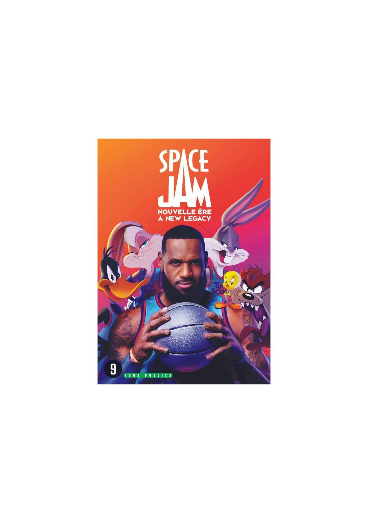 Pochette de DVD Space Jam. LeBron James et des personnages de dessins animés sont présentés.