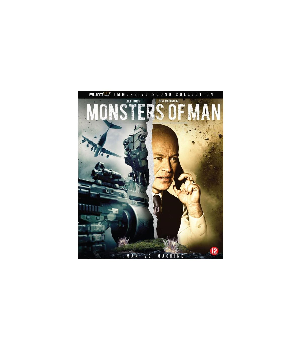 Monsters of Man dvd-cover. Man aan de telefoon met een robotfiguur op de achtergrond. Vliegtuig.