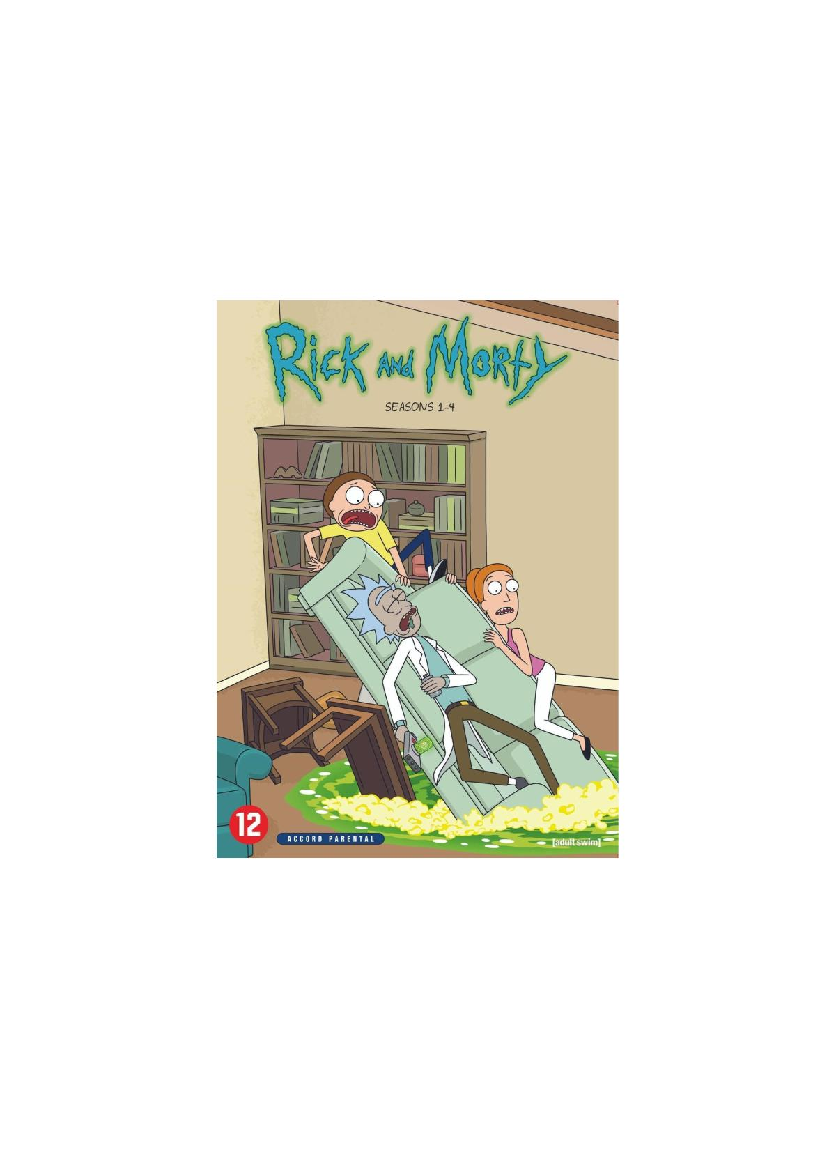 Rick en Morty DVD-hoes. Rick en Morty personages op de hoes. Tekst: 'Rick and Morty Seasons 1-4'.