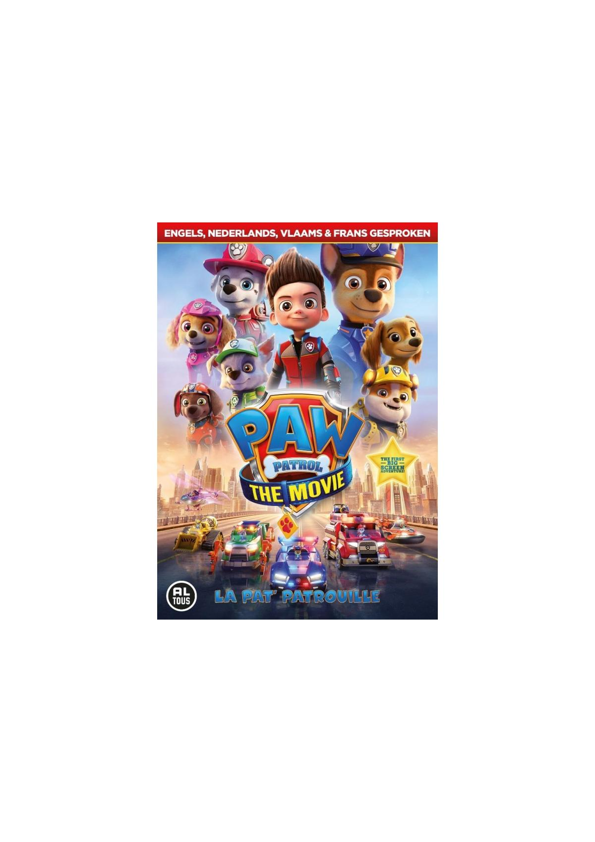 PAW Patrol: De film poster. Toont tekenfilmhonden met een jongen voor een stad.