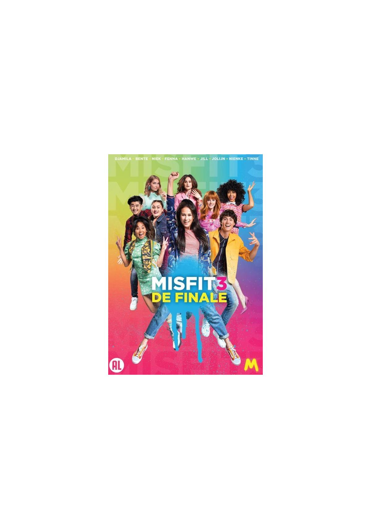 Couverture DVD de Misfit 3 de Finale. Avec un groupe de jeunes, le titre en bleu.