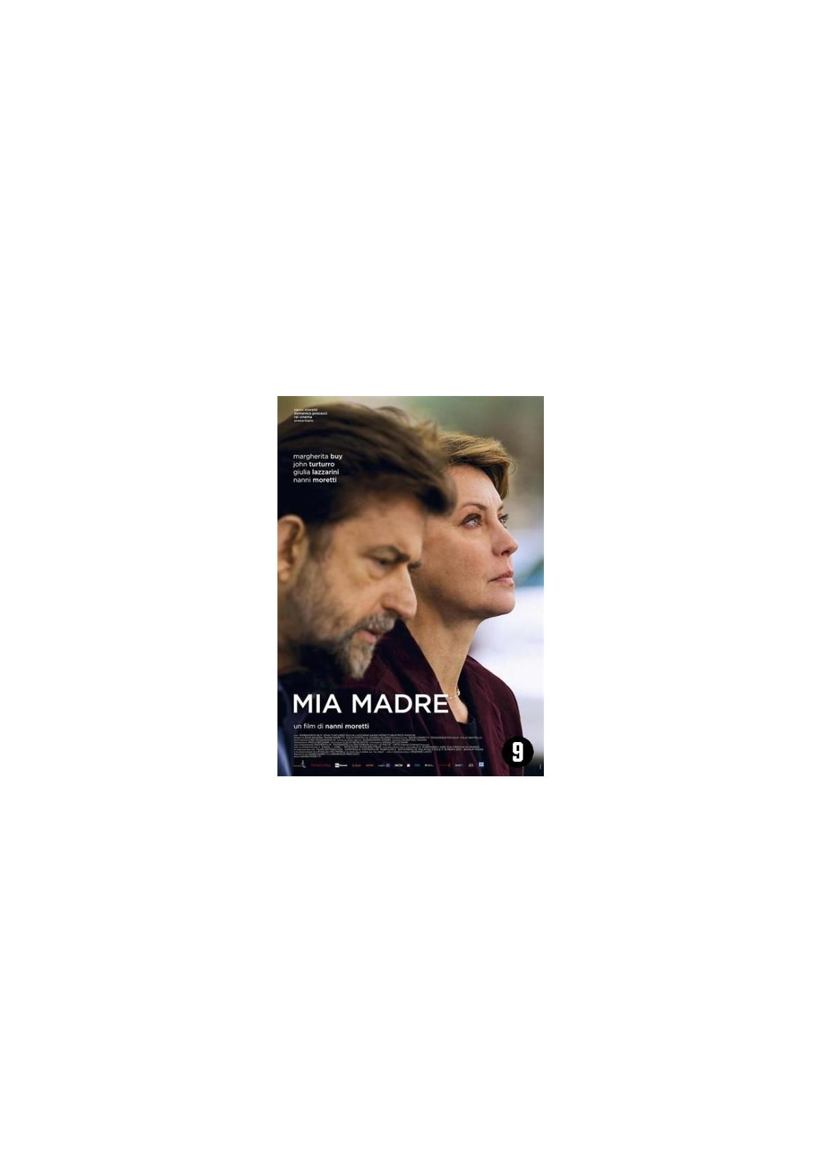 Mia Madre filmposter. Toont een vrouw en een man die omhoog kijken. Witte achtergrond.