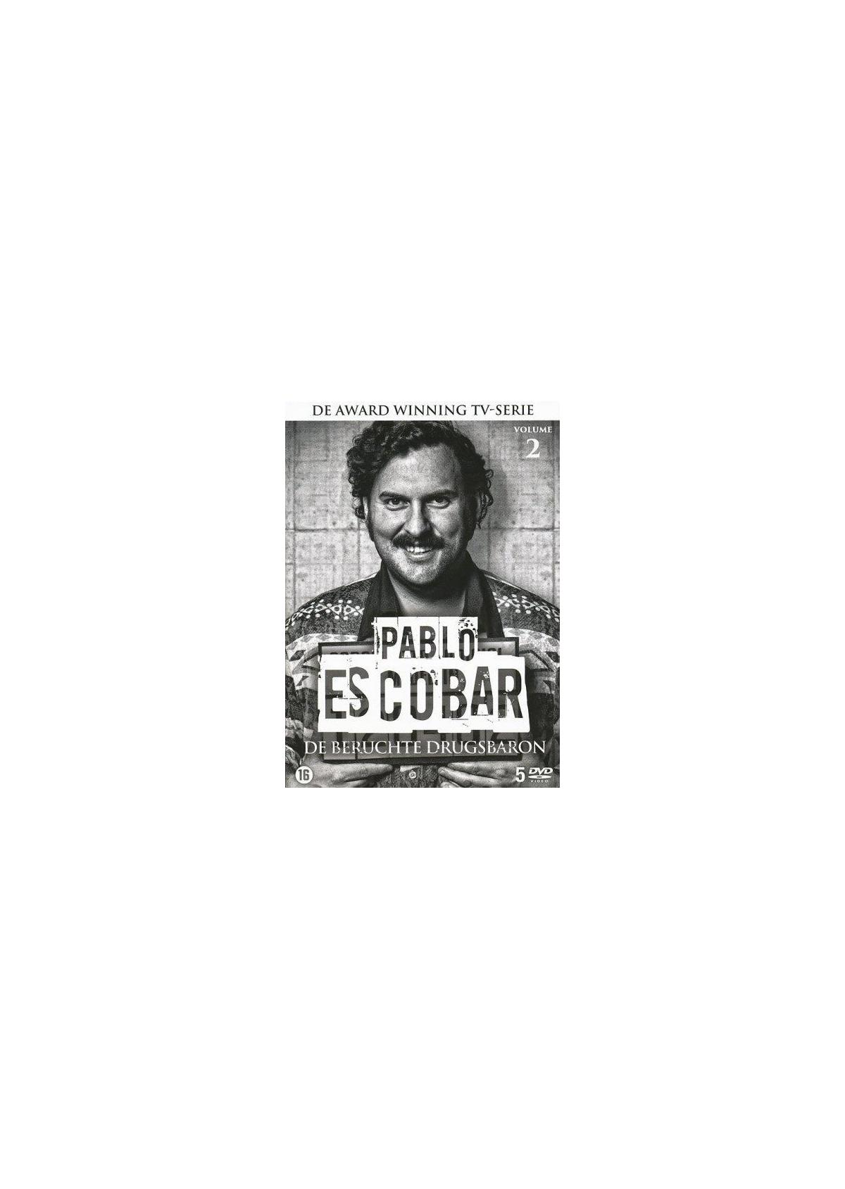 DVD-hoes met foto van Pablo Escobar. Titel: Pablo Escobar. Donkere kleuren, gezicht in het midden.