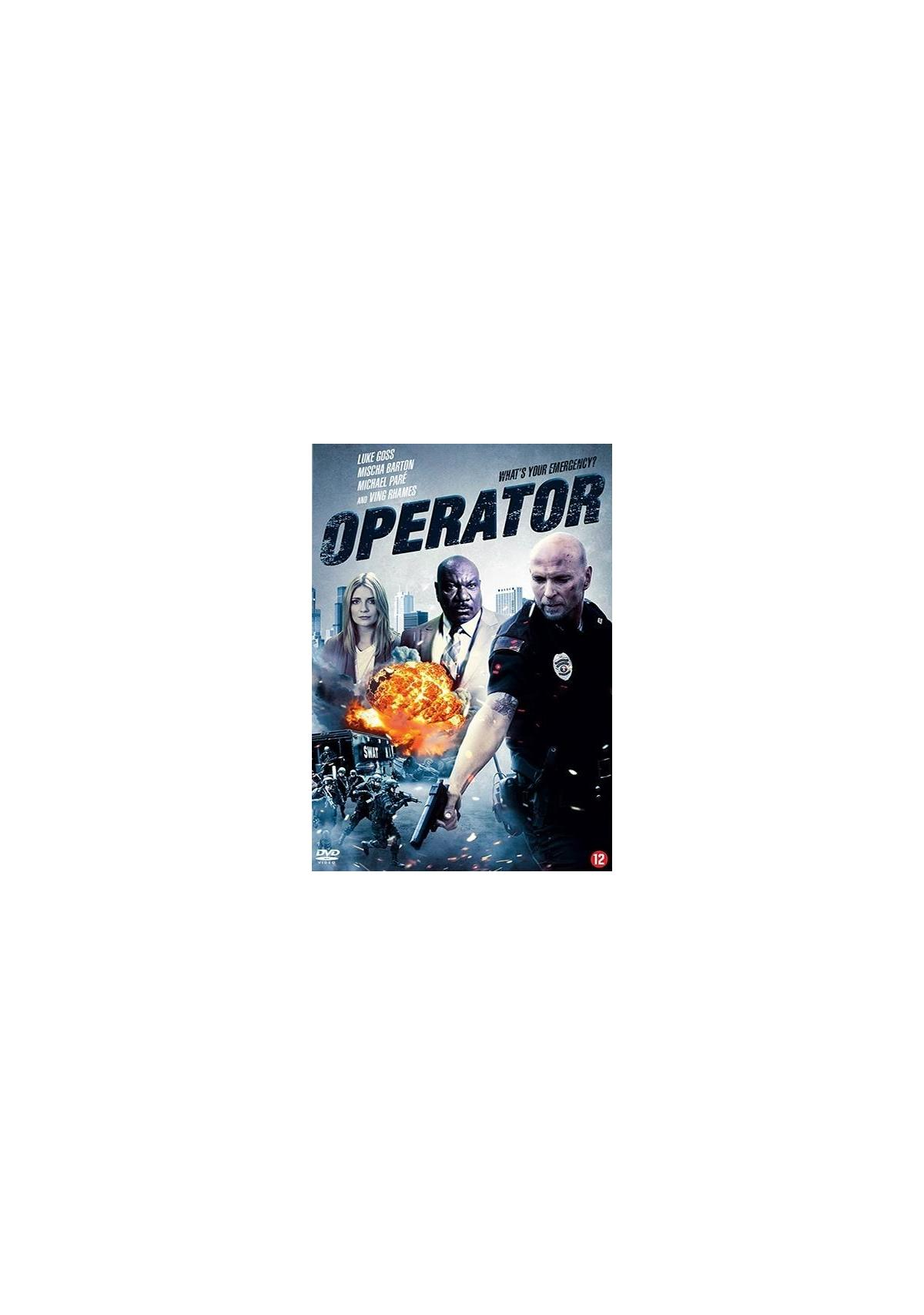 Filmposter voor 'Operator' met acteurs en een vurige explosie op de achtergrond.