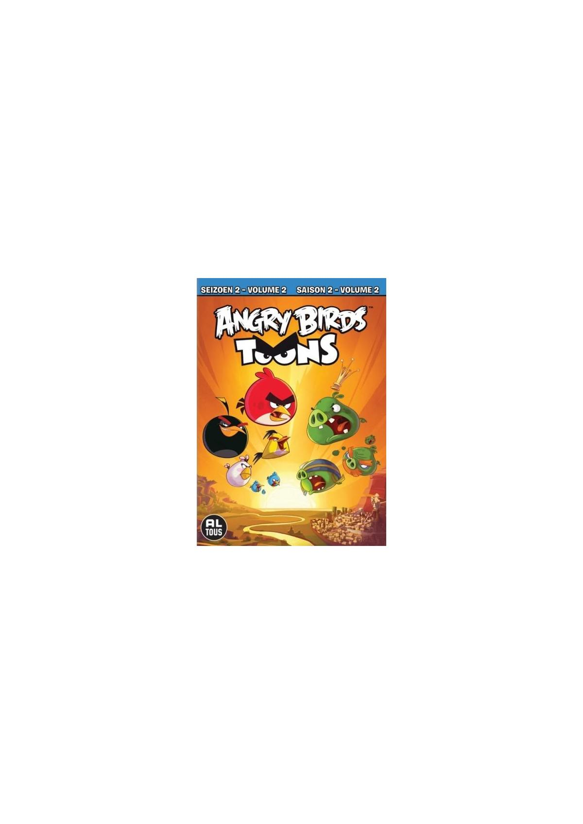 Couverture du DVD Angry Birds Toons. Les personnages d'Angry Birds sont montrés avec un paysage urbain en arrière-plan.