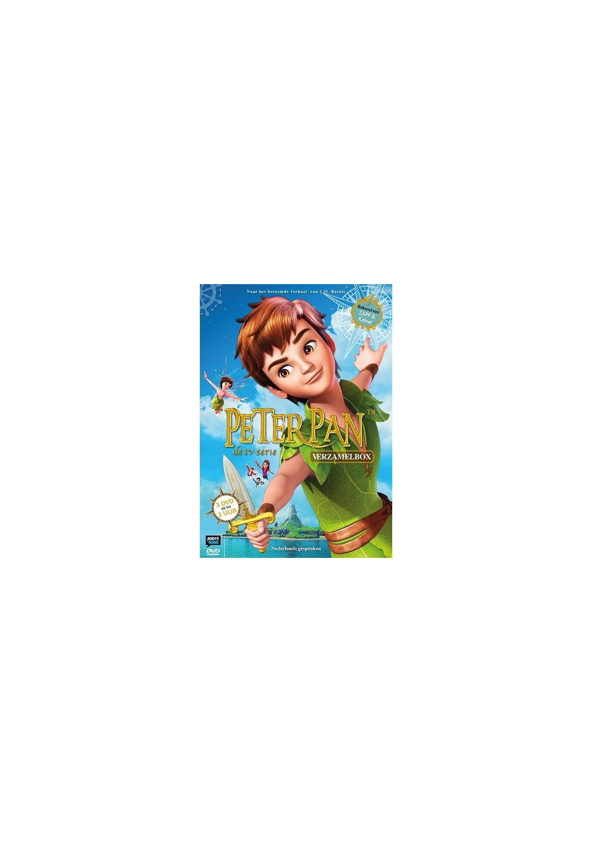 Couverture DVD de 'Peter Pan'. Peter est en vert, tenant une épée. Le fond montre un ciel avec Clochette.