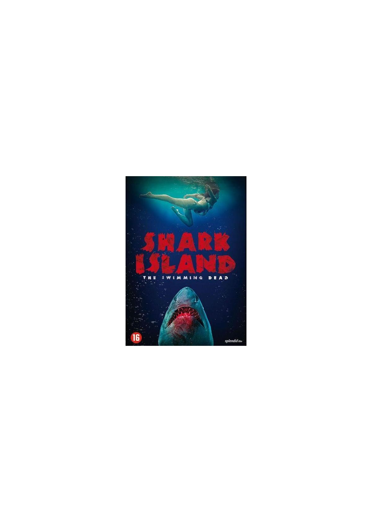 Poster voor 'Shark Island', met een haaienbek en een vrouw die erboven zwemt.