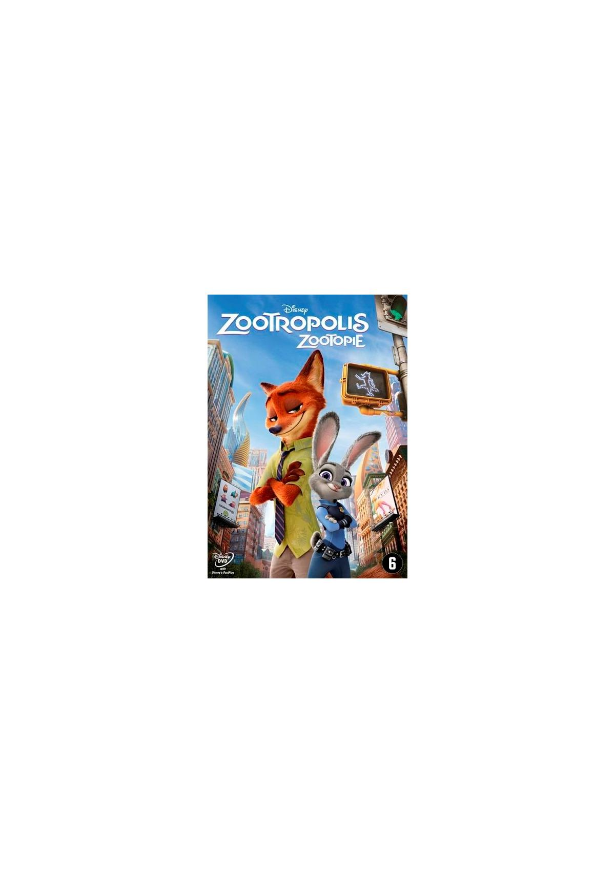 DVD-hoes met een vos en een konijn. Titel: Zootropolis. Kleurrijke stadsachtergrond. Cartoonstijl.