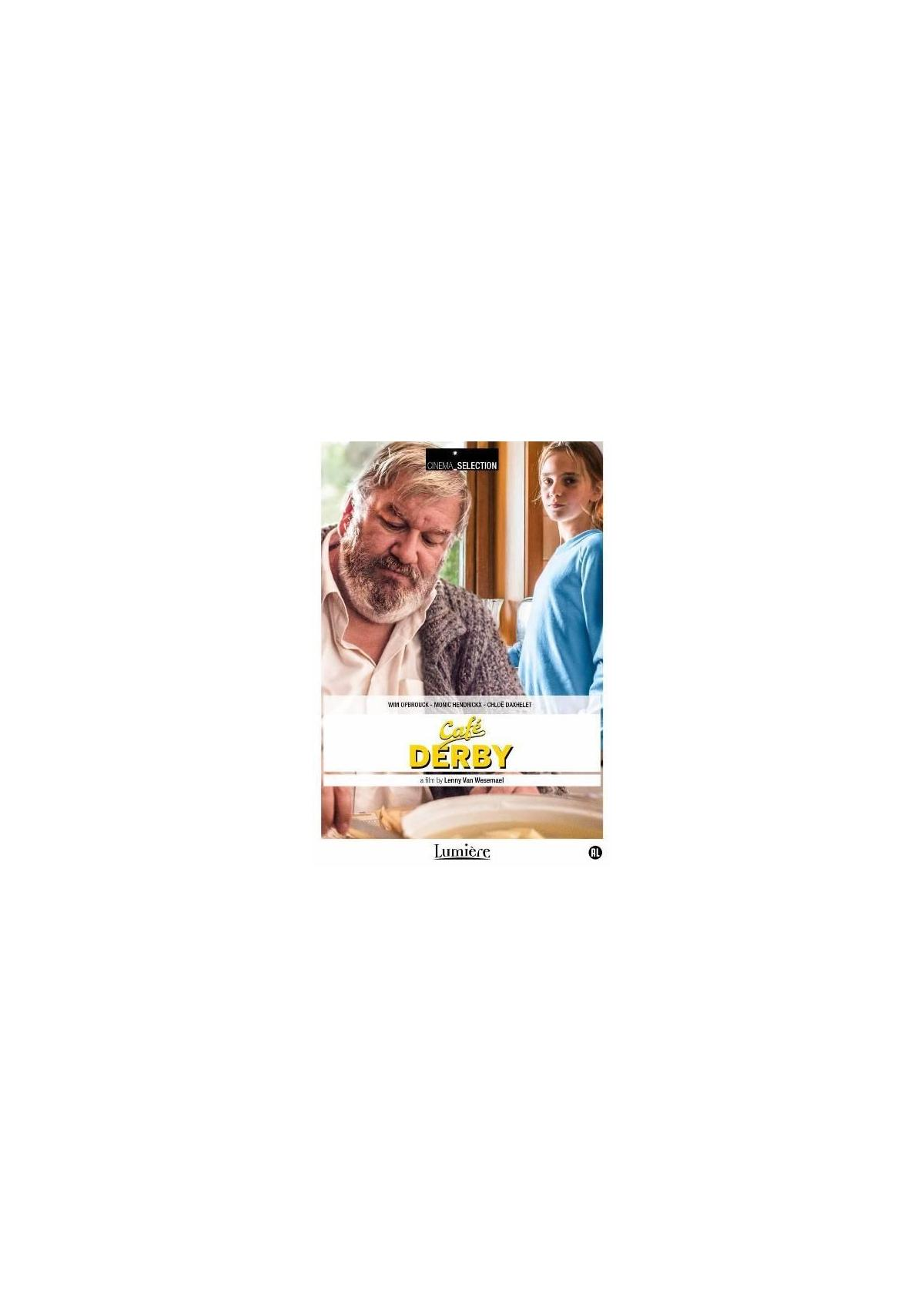 Affiche de film avec deux personnes et le titre 'Café Derby'. Deux personnes se tiennent dans une cuisine. Le logo Lumière est visible.