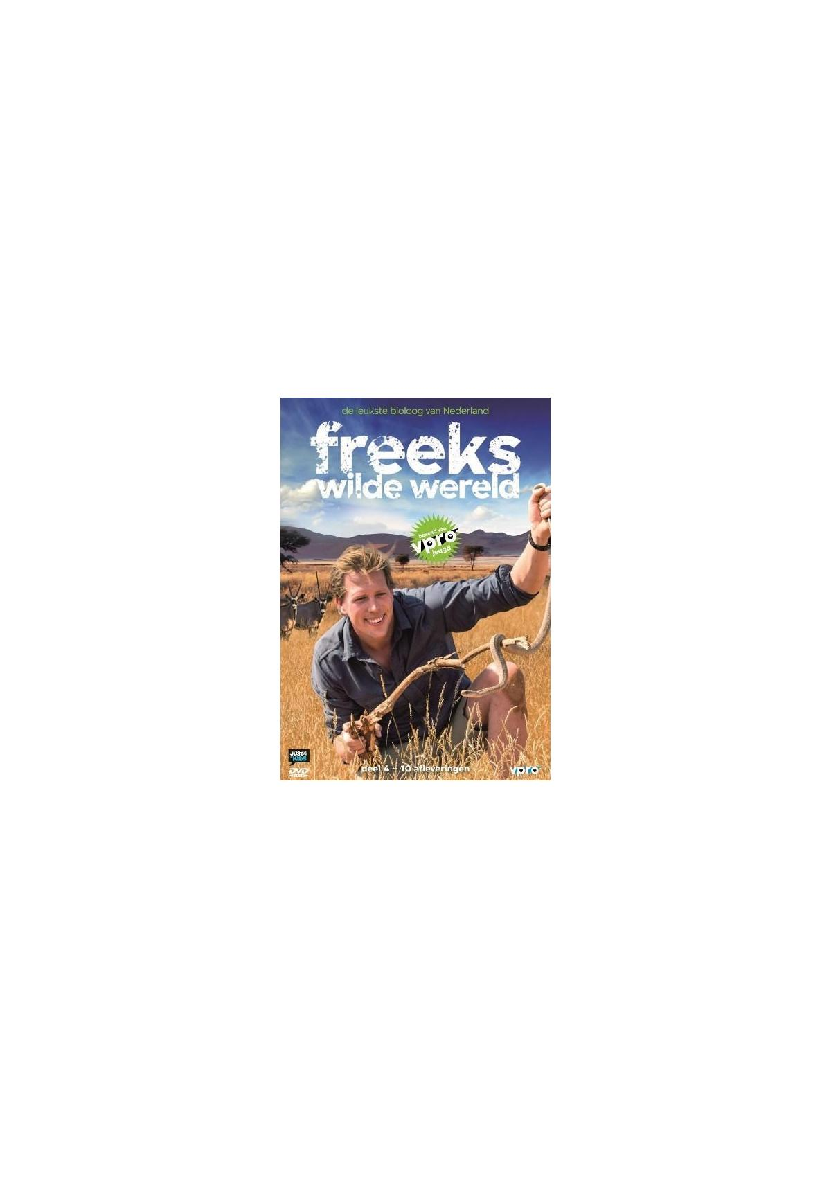 DVD-cover. Een man houdt een slang vast. De titel is 'freeks wilde wereld'.