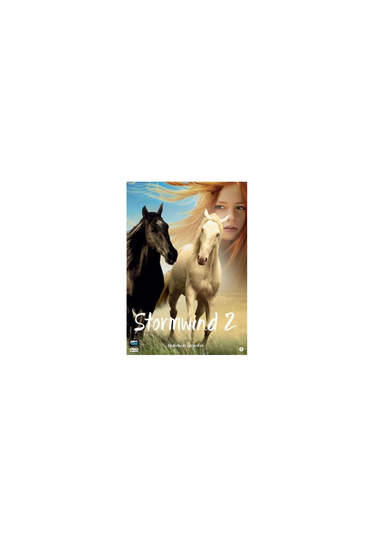 DVD-hoes met twee paarden en een vrouw. Titel: Stormwind 2. Paarden op een groen veld, vrouw met lang haar.