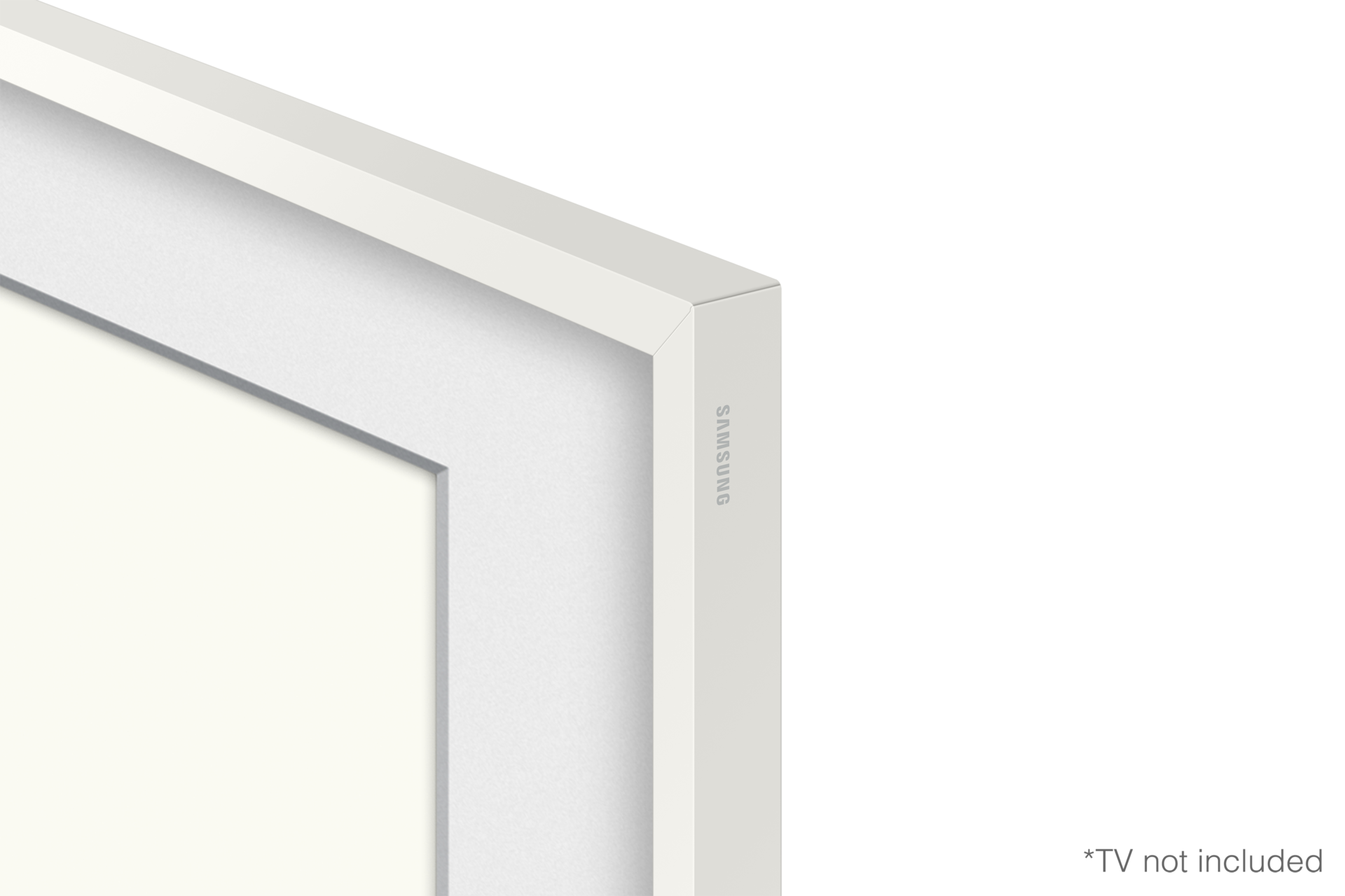 Weiße Rahmenecke mit Samsung-Logo auf neutralem Hintergrund. Text unten: "TV nicht enthalten".
